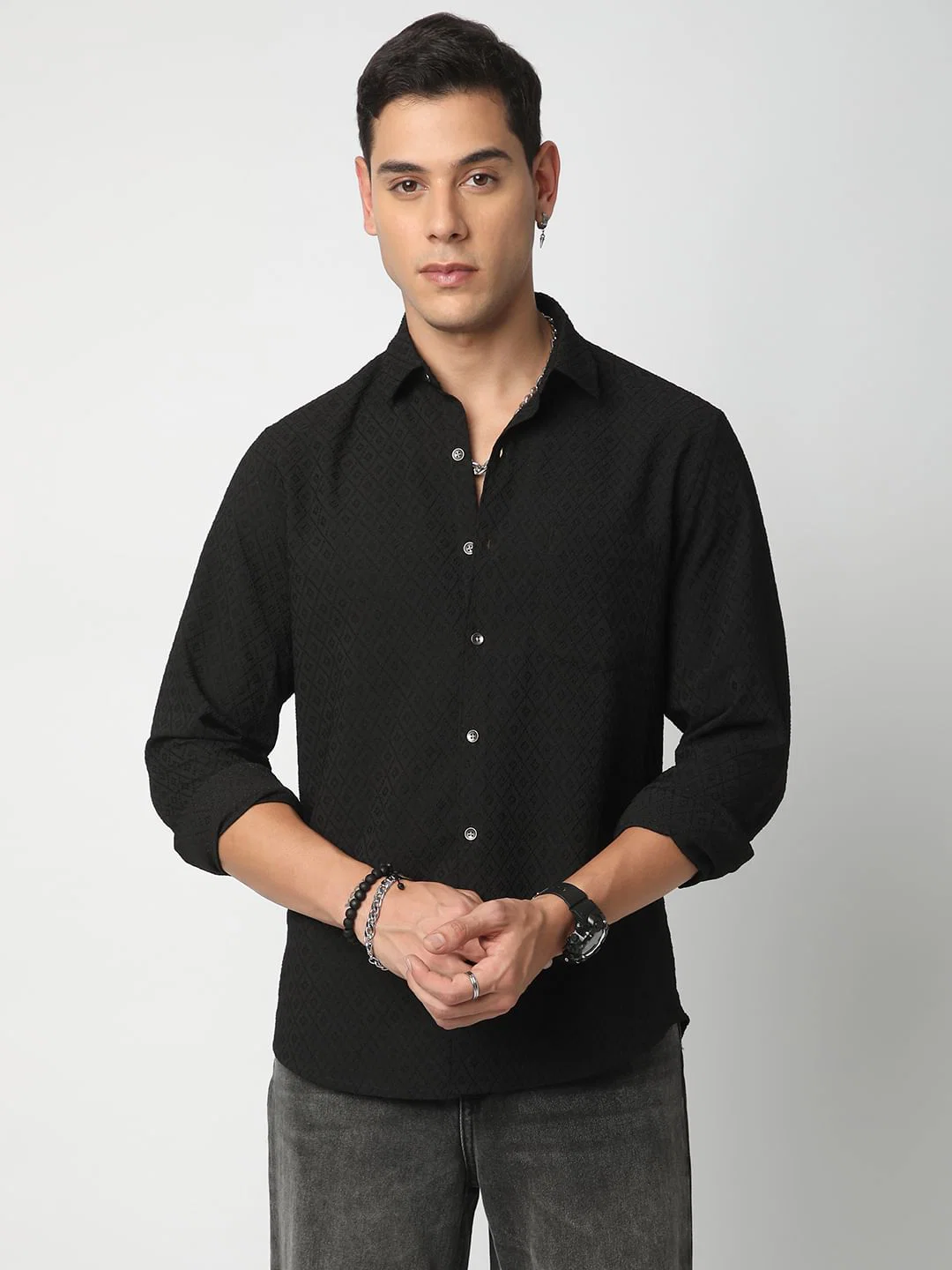 Black Explicit Diamond Jacquard Shirt - Image 4