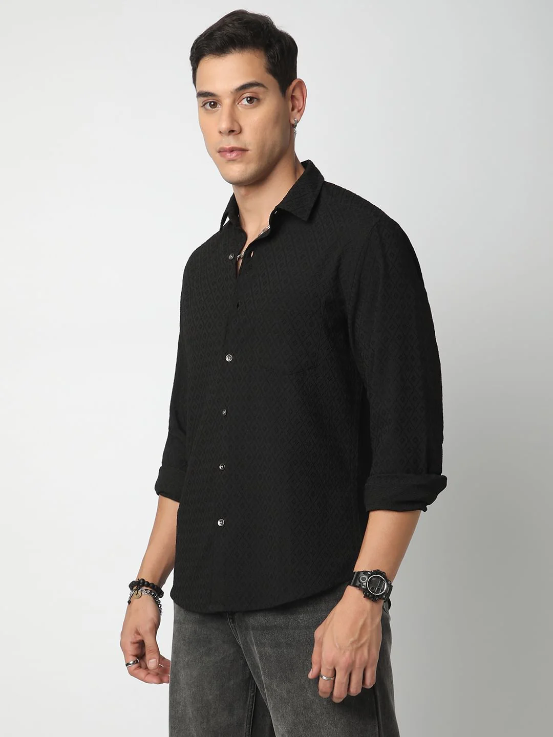 Black Explicit Diamond Jacquard Shirt - Image 5