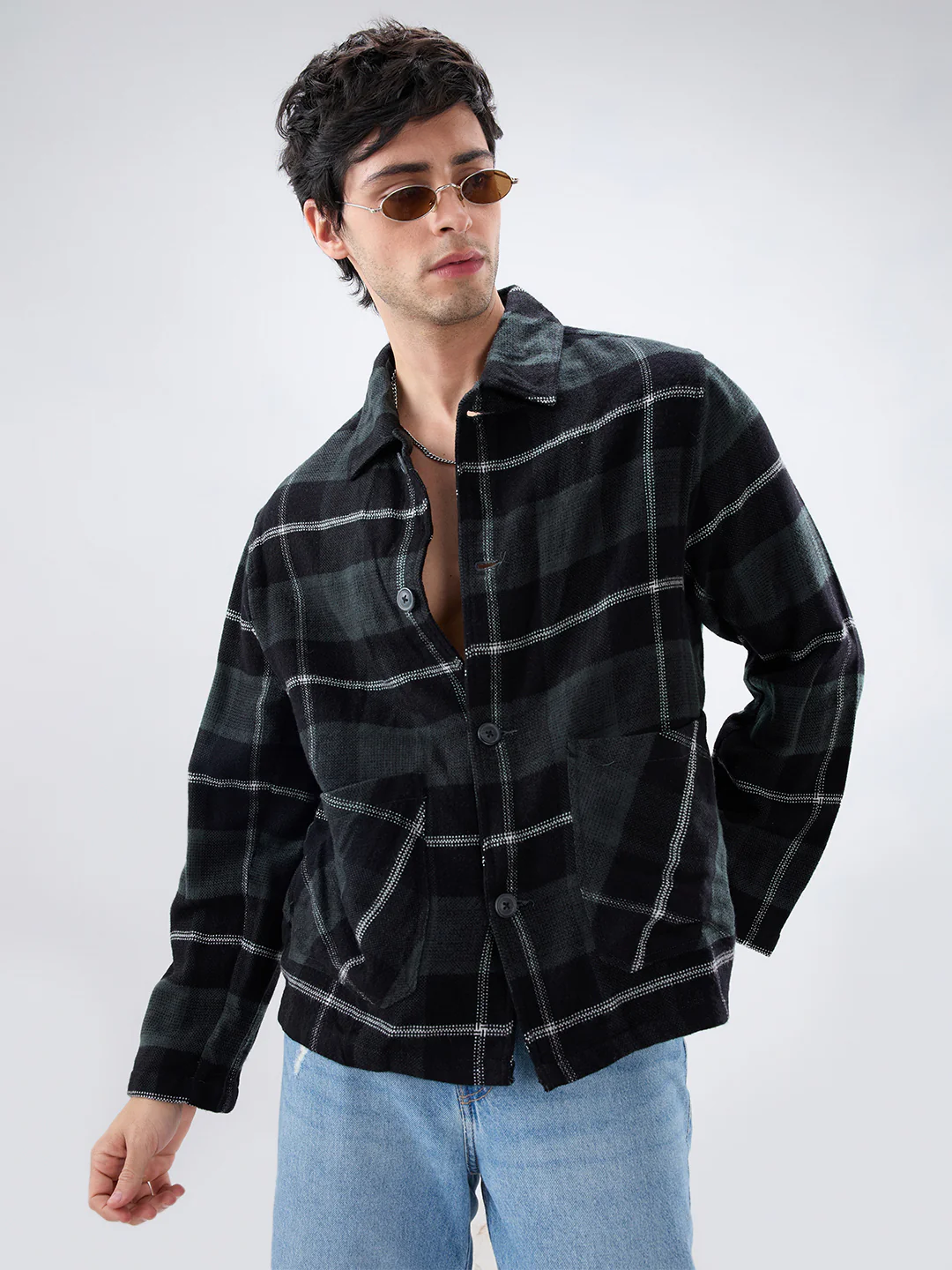 Black Flannel Plaid Checks Oversized Double Pocket Cropped Shacket - Image 2