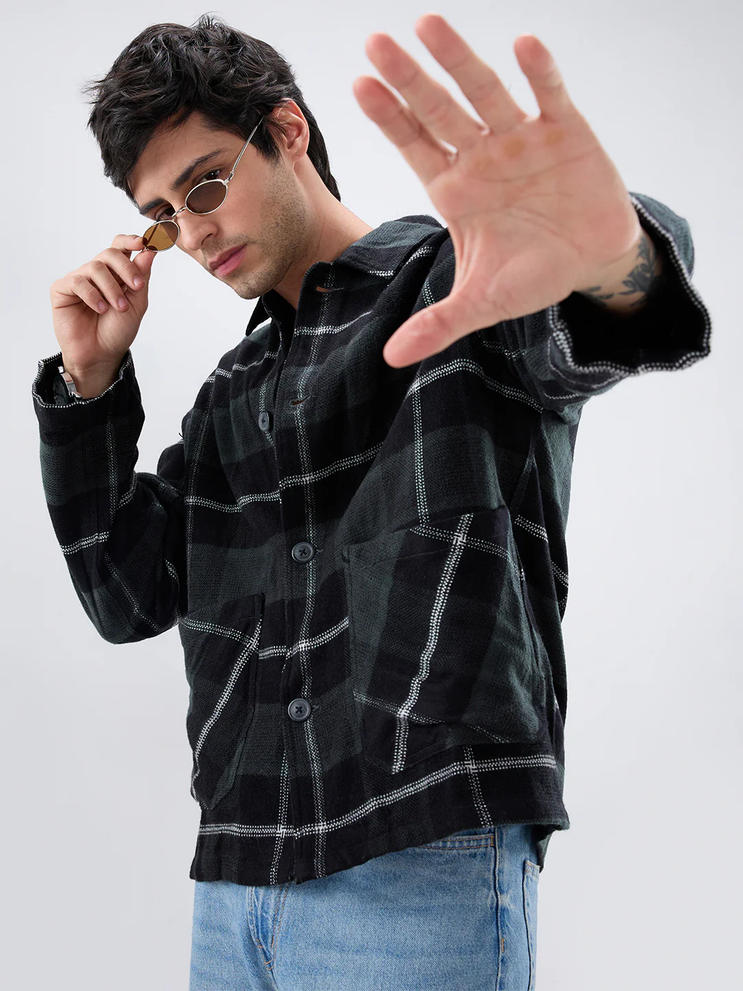 Black Flannel Plaid Checks Oversized Double Pocket Cropped Shacket - Image 5