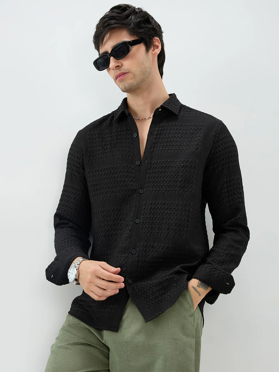 Black Geometric Grid Embossed Shirt - Image 2