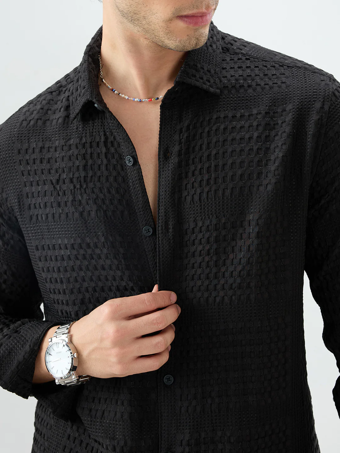 Black Geometric Grid Embossed Shirt - Image 3