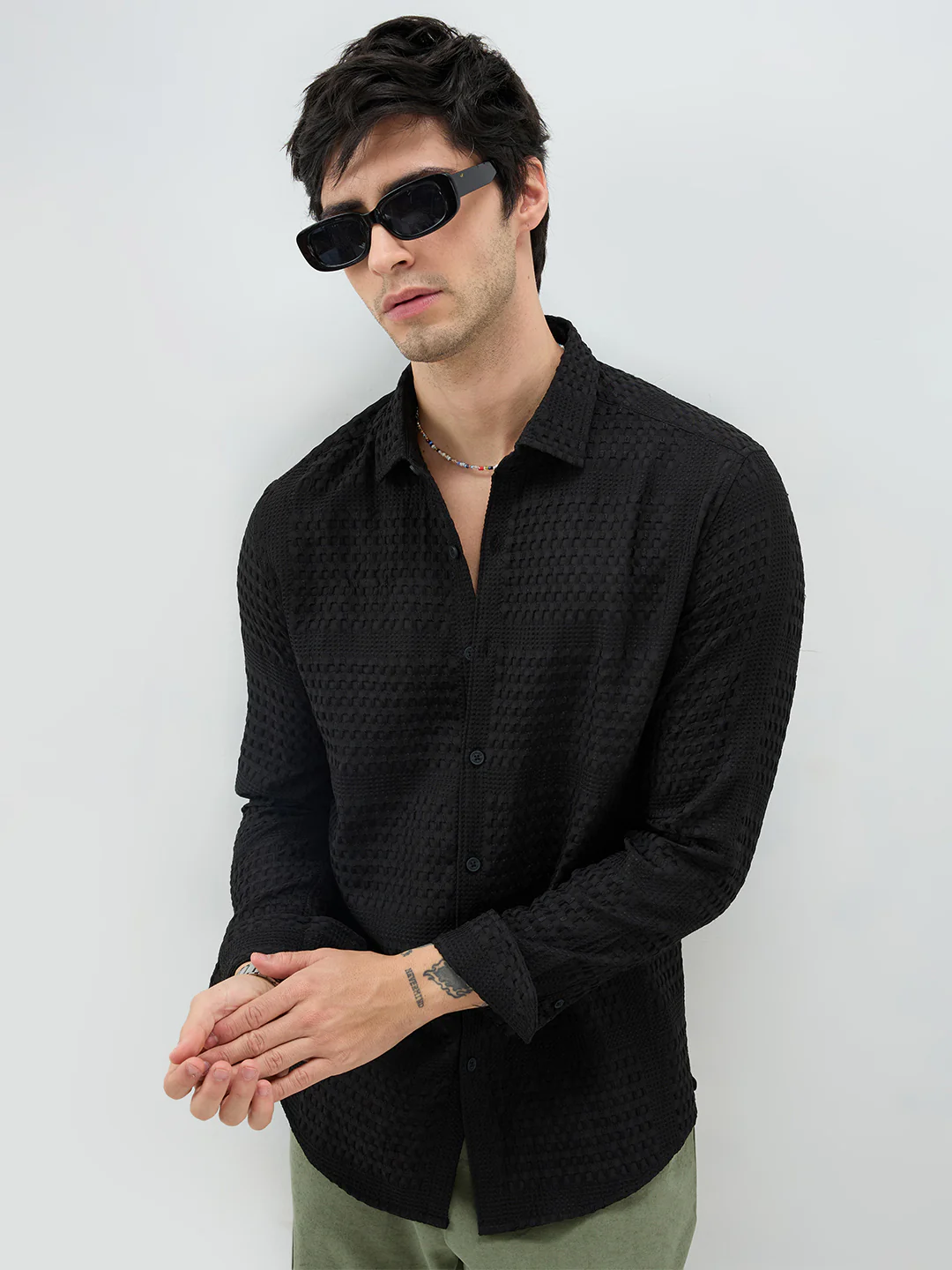 Black Geometric Grid Embossed Shirt - Image 4