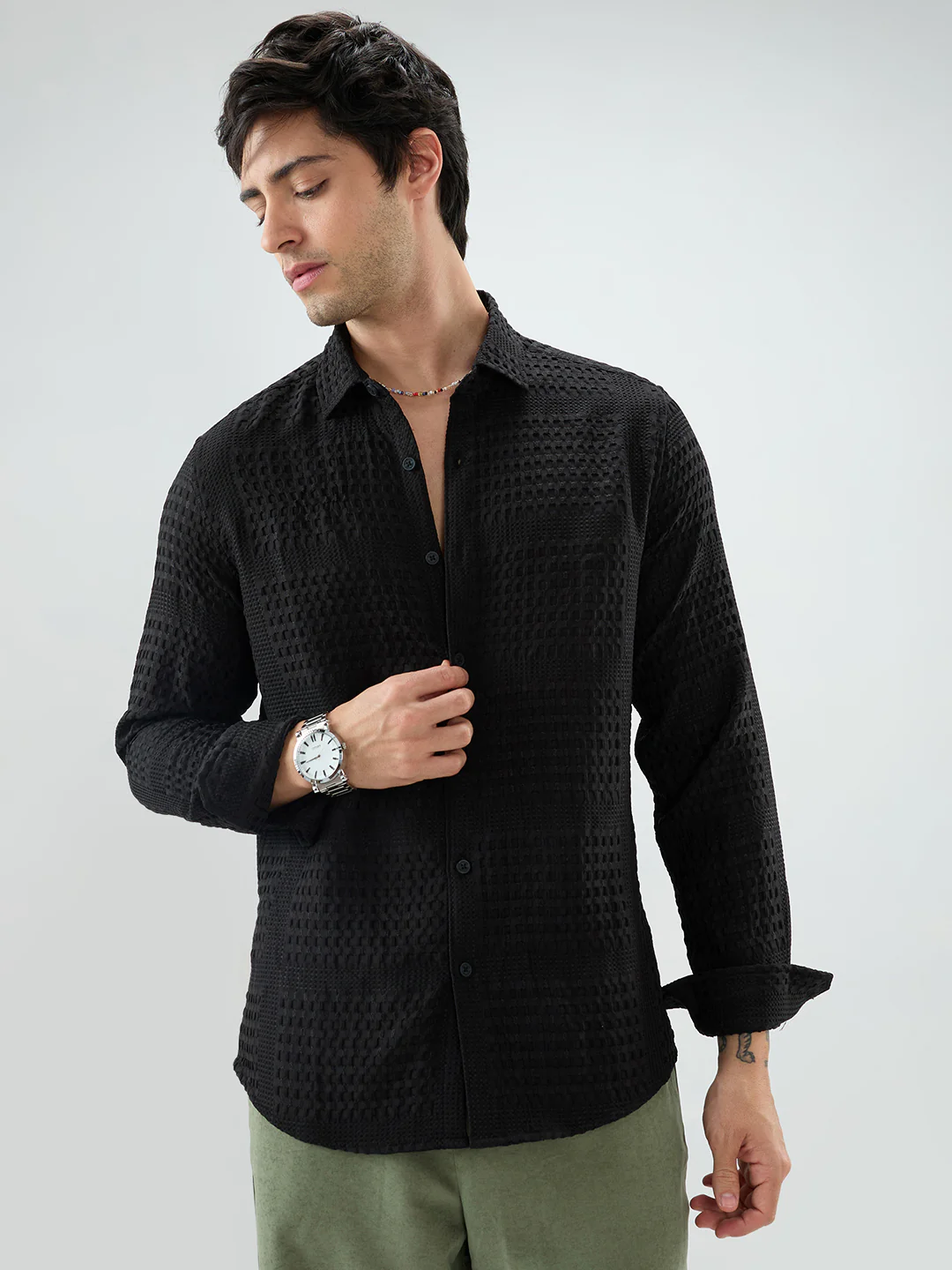 Black Geometric Grid Embossed Shirt - Image 5