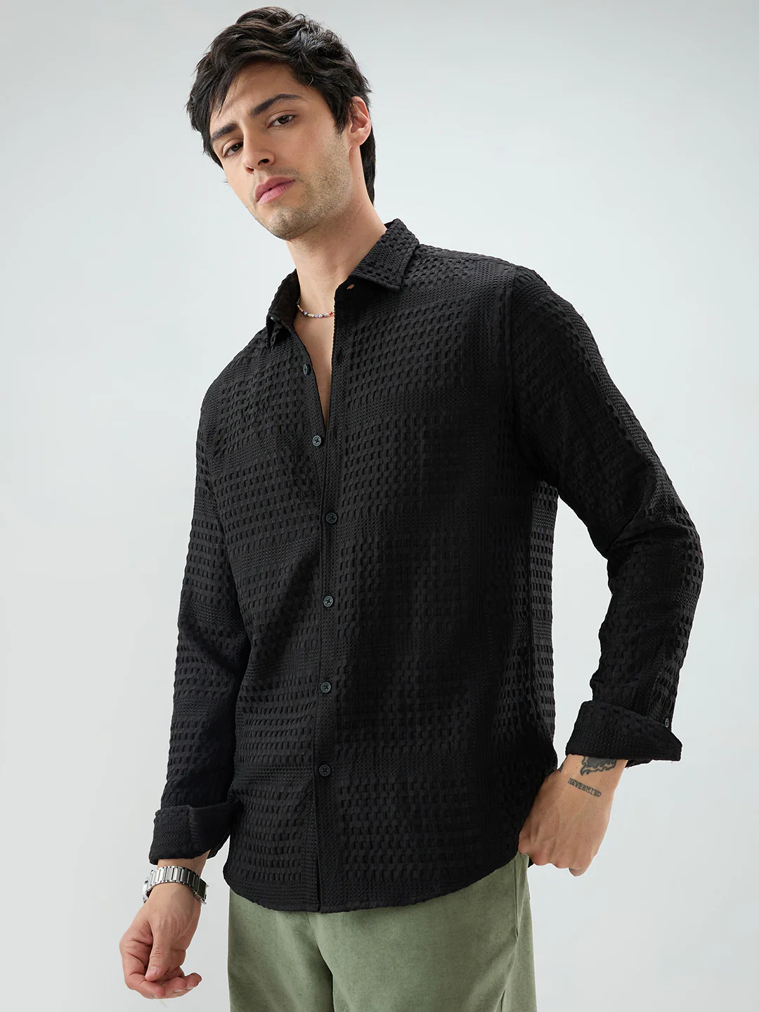 Black Geometric Grid Embossed Shirt - Image 6
