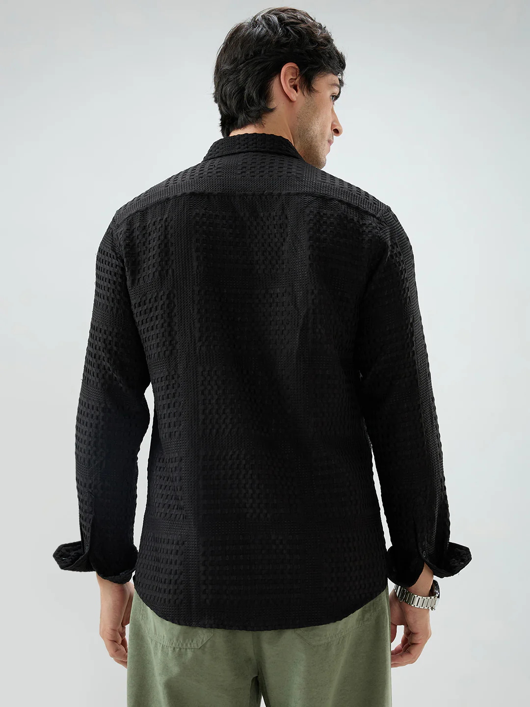 Black Geometric Grid Embossed Shirt - Image 7
