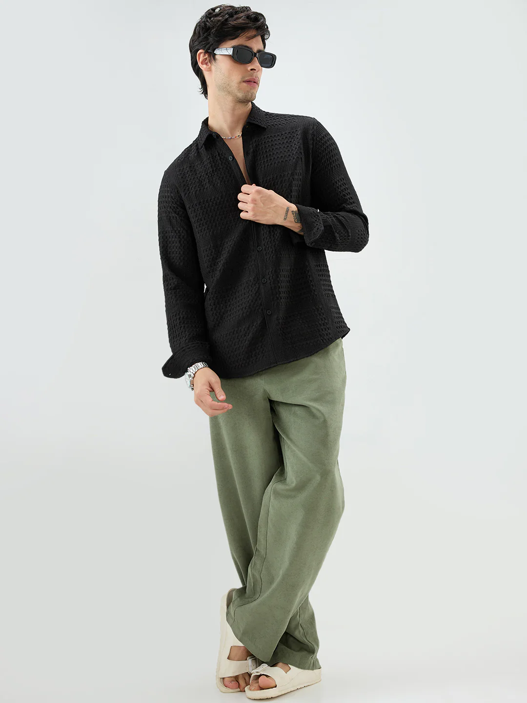 Black Geometric Grid Embossed Shirt - Image 8