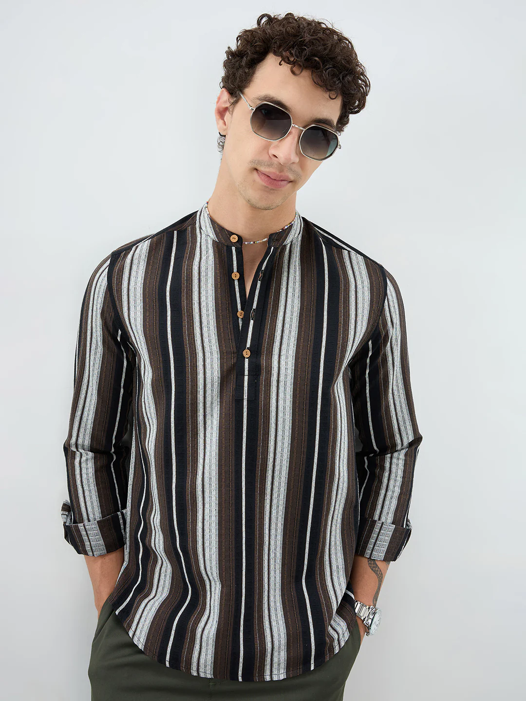 Black Graphic Weave Contrast Stripe Kurta
