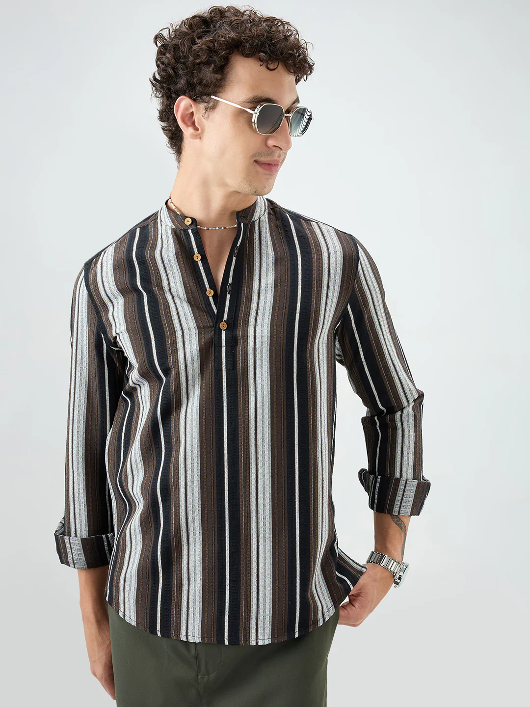 Black Graphic Weave Contrast Stripe Kurta - Image 2