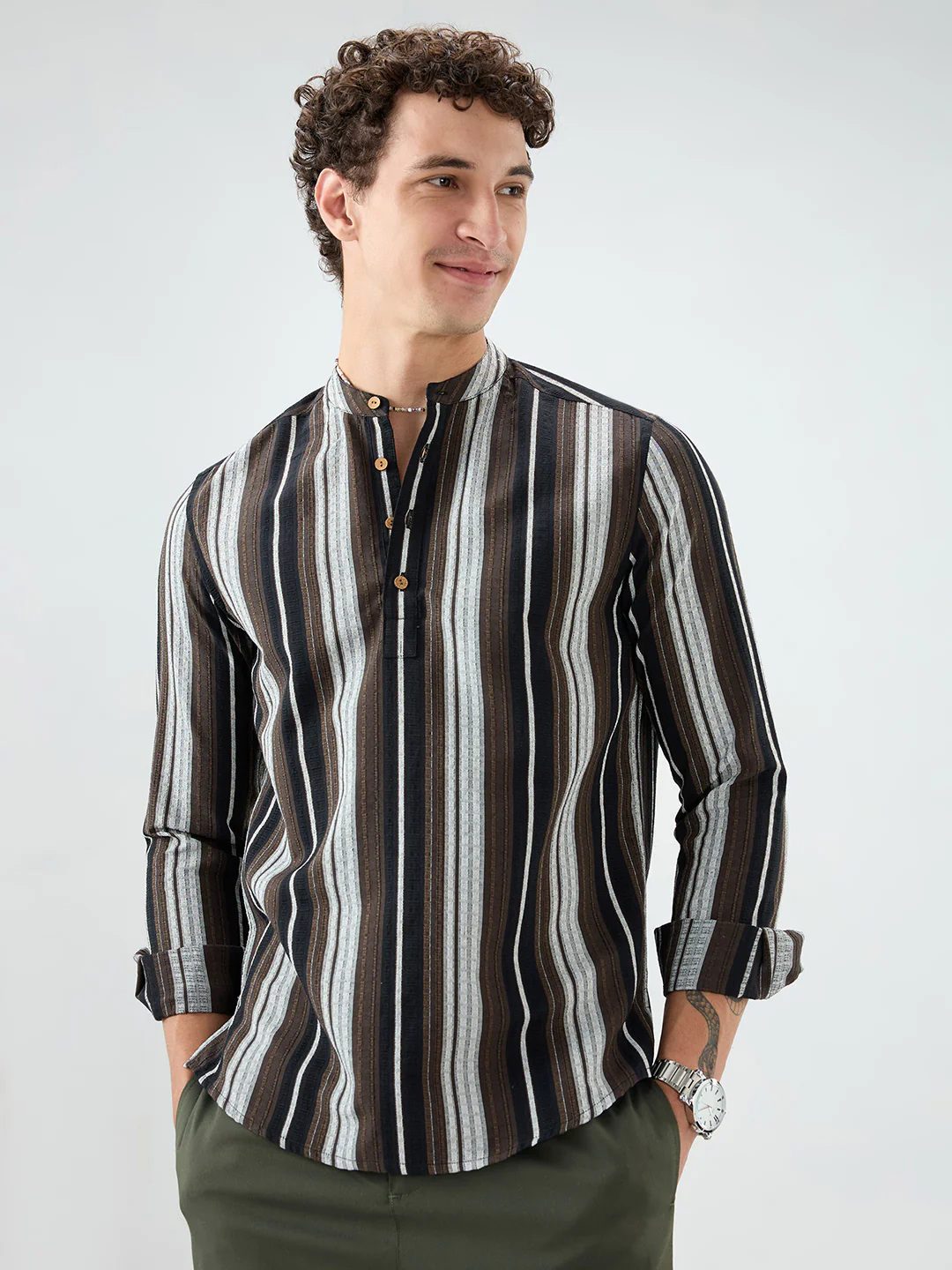 Black Graphic Weave Contrast Stripe Kurta - Image 4