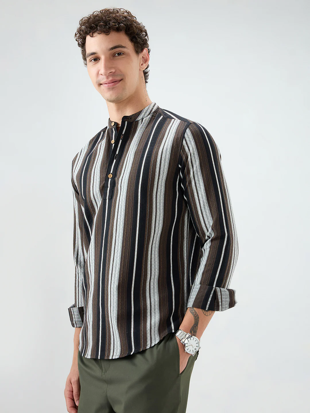 Black Graphic Weave Contrast Stripe Kurta - Image 5