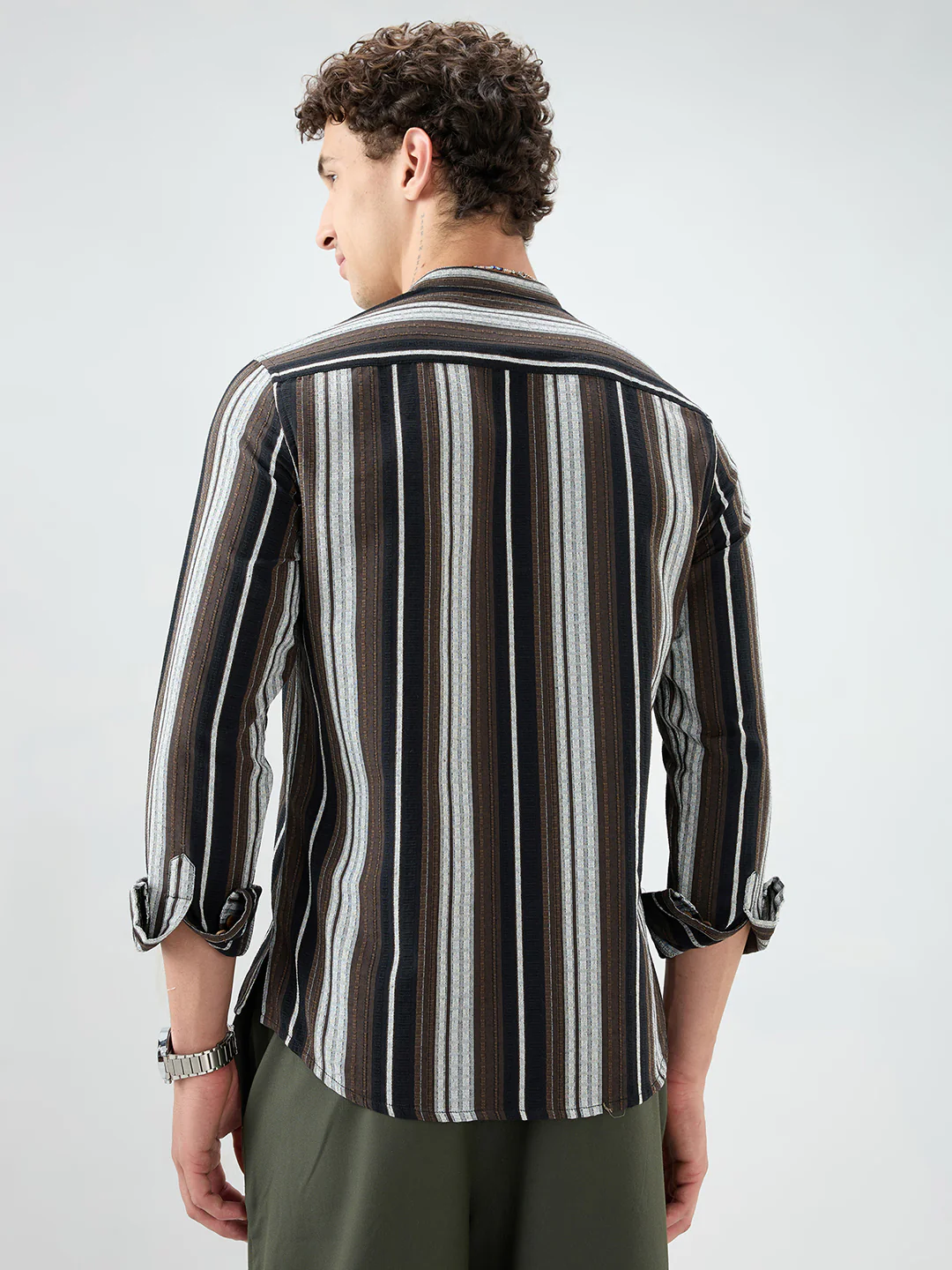Black Graphic Weave Contrast Stripe Kurta - Image 6