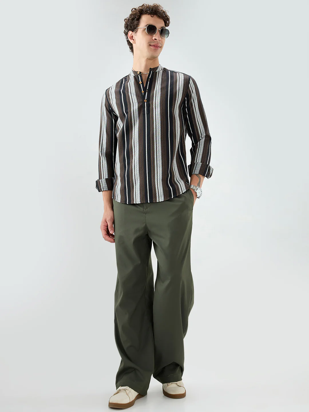 Black Graphic Weave Contrast Stripe Kurta - Image 7