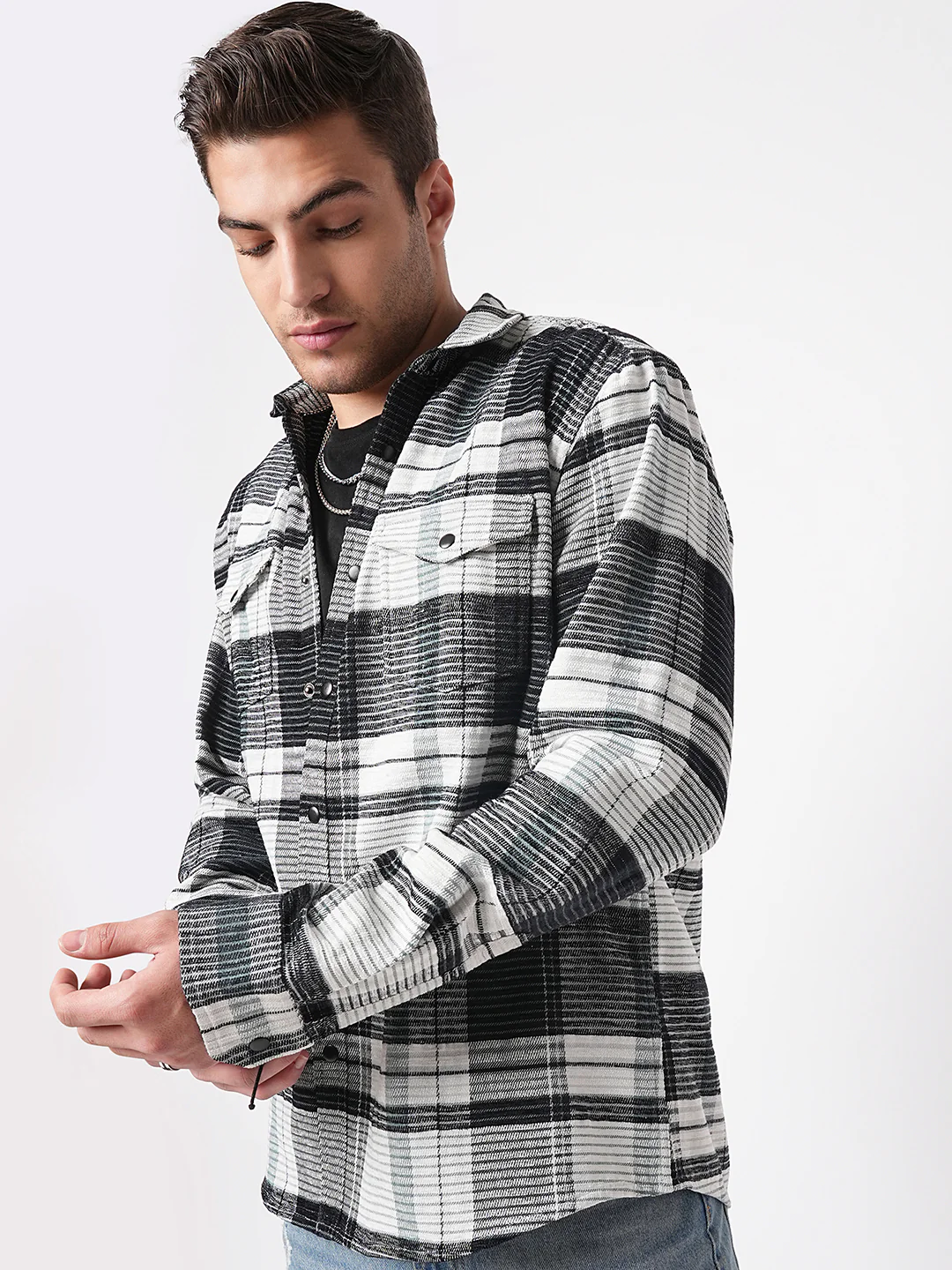 Black & Green Checkered Double Flap Pocket Textured Overshirt - Image 2