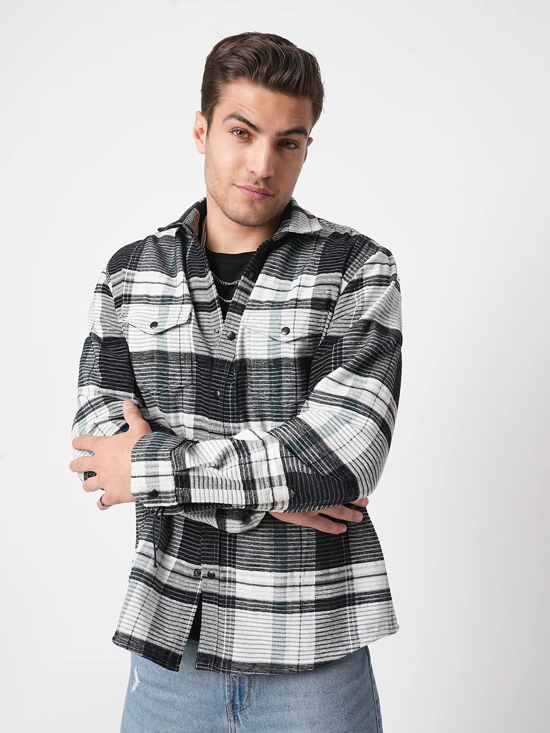 Black & Green Checkered Double Flap Pocket Textured Overshirt - Image 4