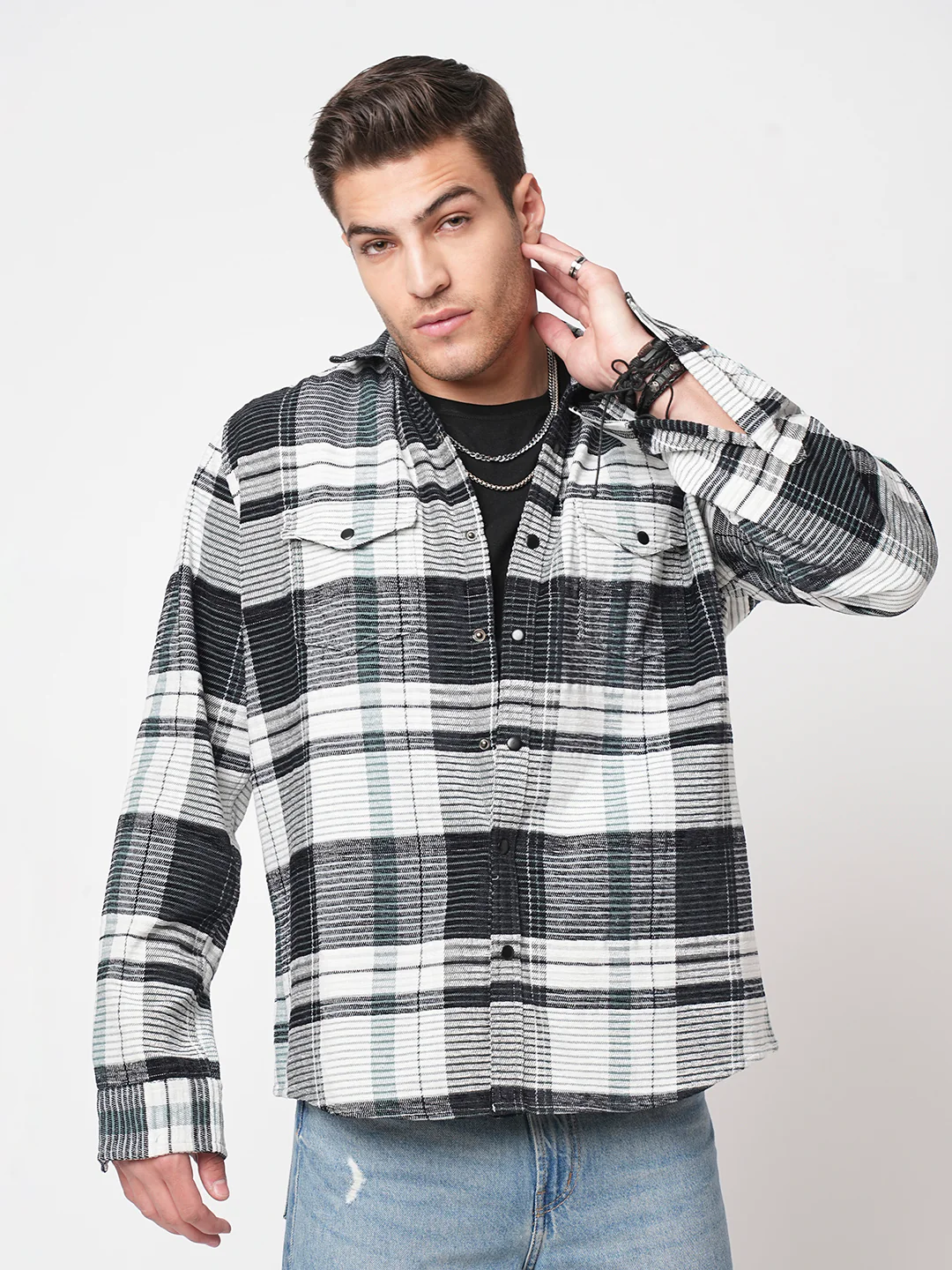 Black & Green Checkered Double Flap Pocket Textured Overshirt - Image 5