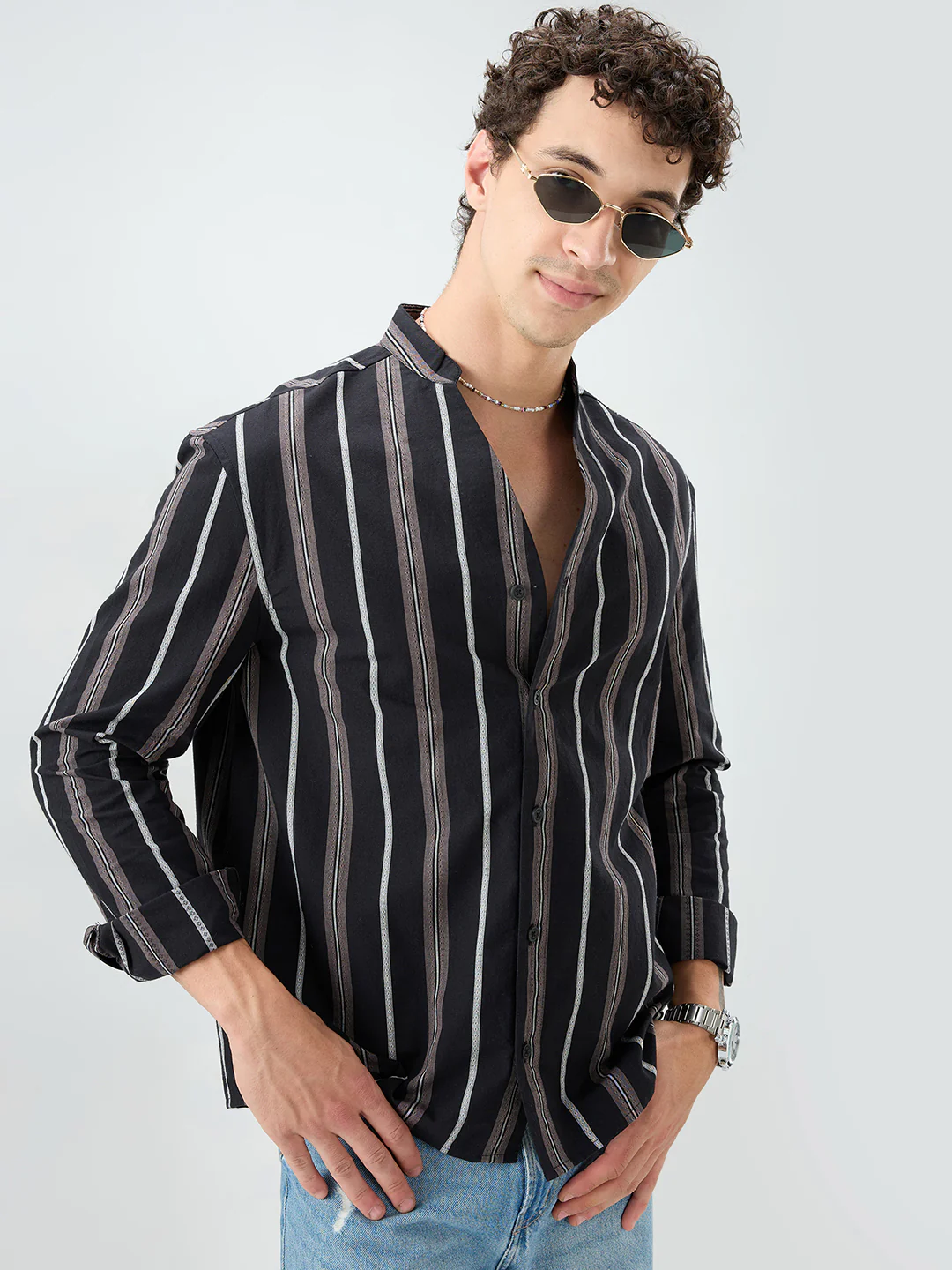 Black & Grey Striped Stand Collar Oversized Shirt - Image 2