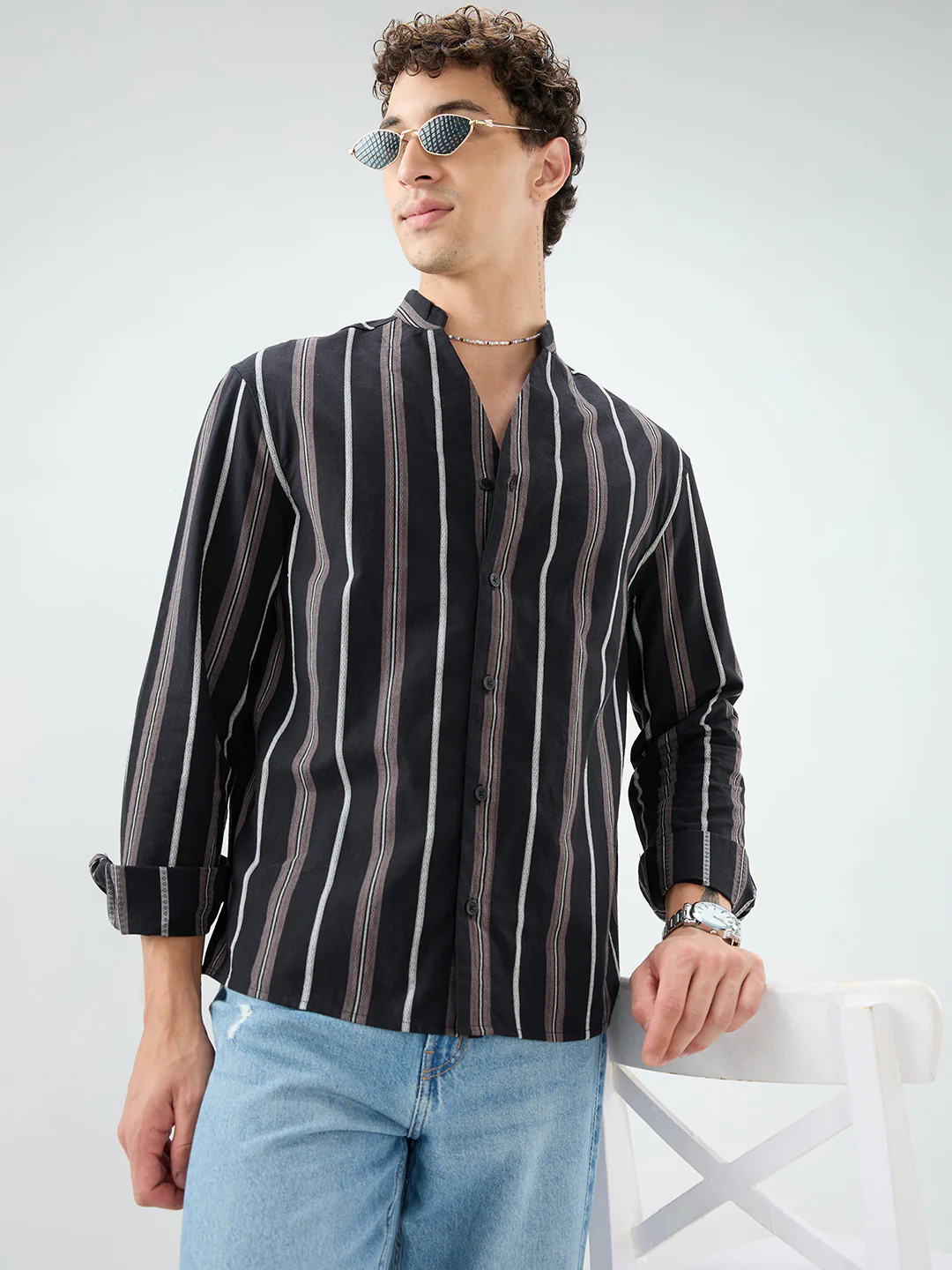 Black & Grey Striped Stand Collar Oversized Shirt - Image 4