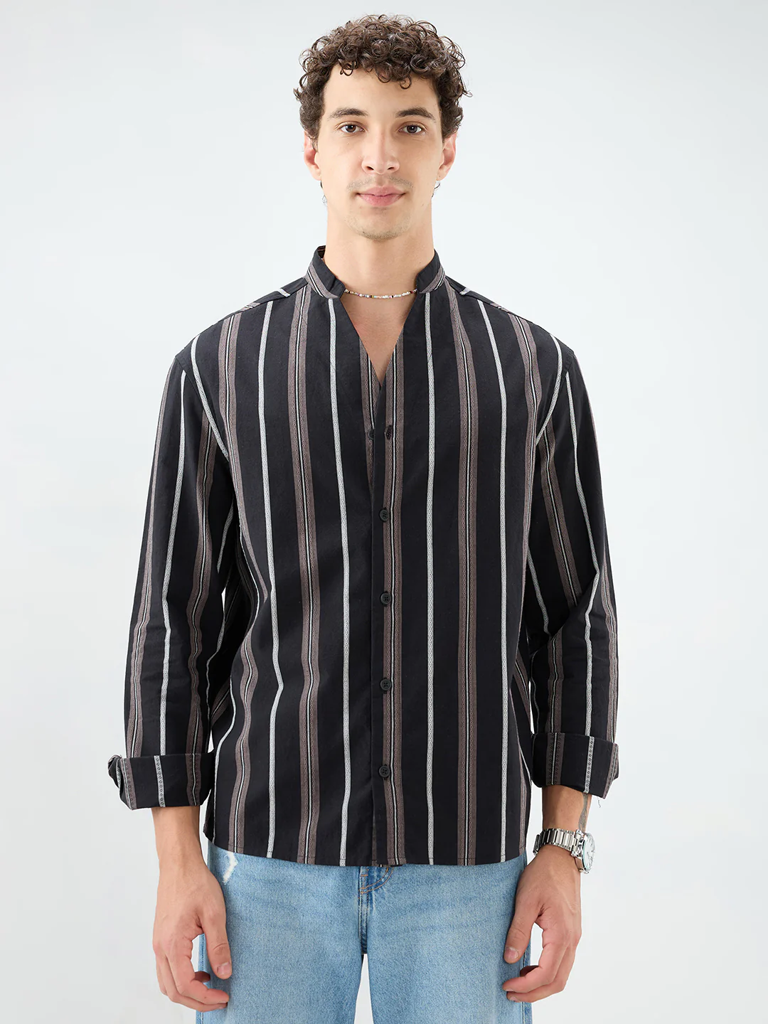 Black & Grey Striped Stand Collar Oversized Shirt - Image 5