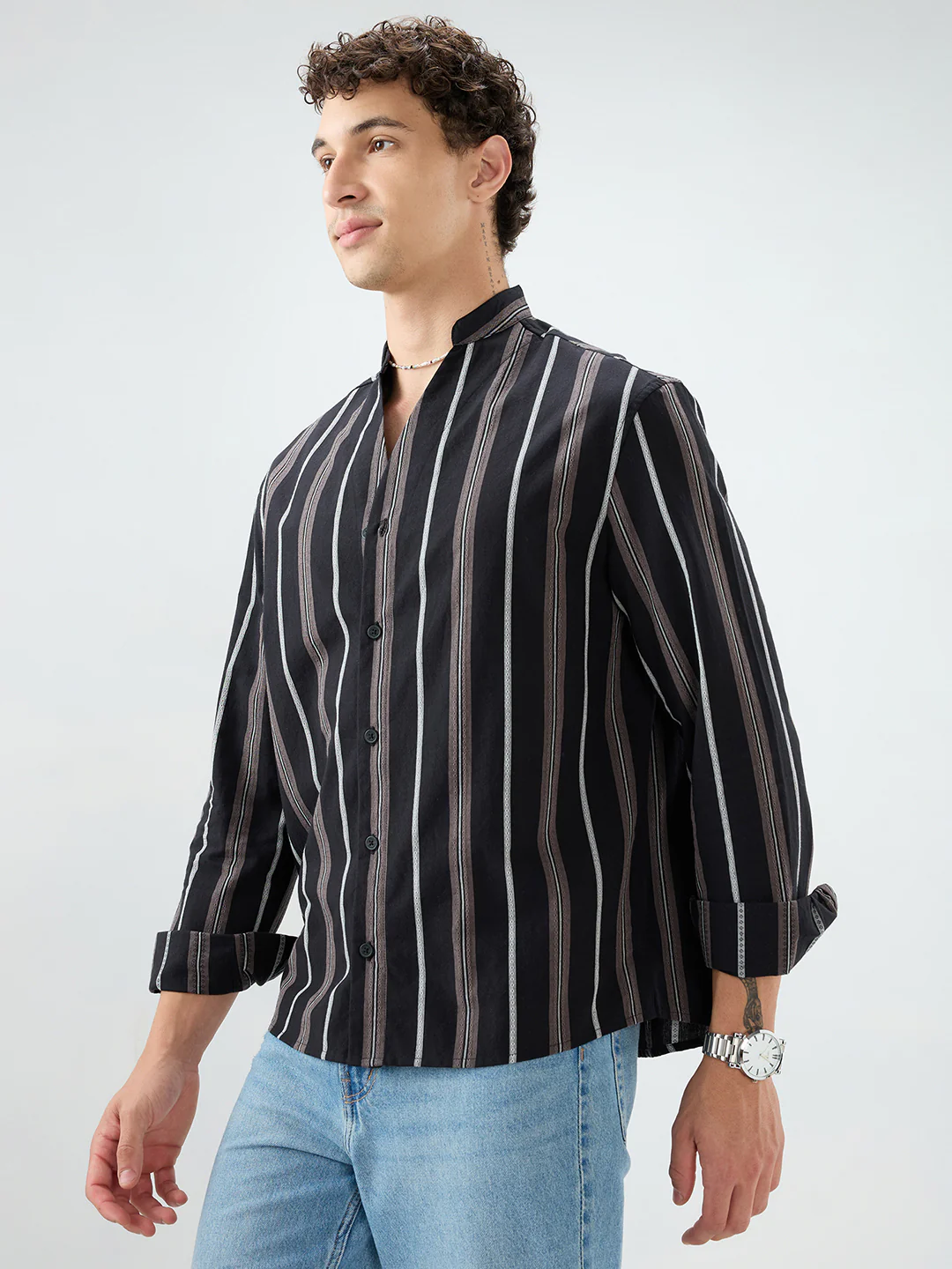 Black & Grey Striped Stand Collar Oversized Shirt - Image 6
