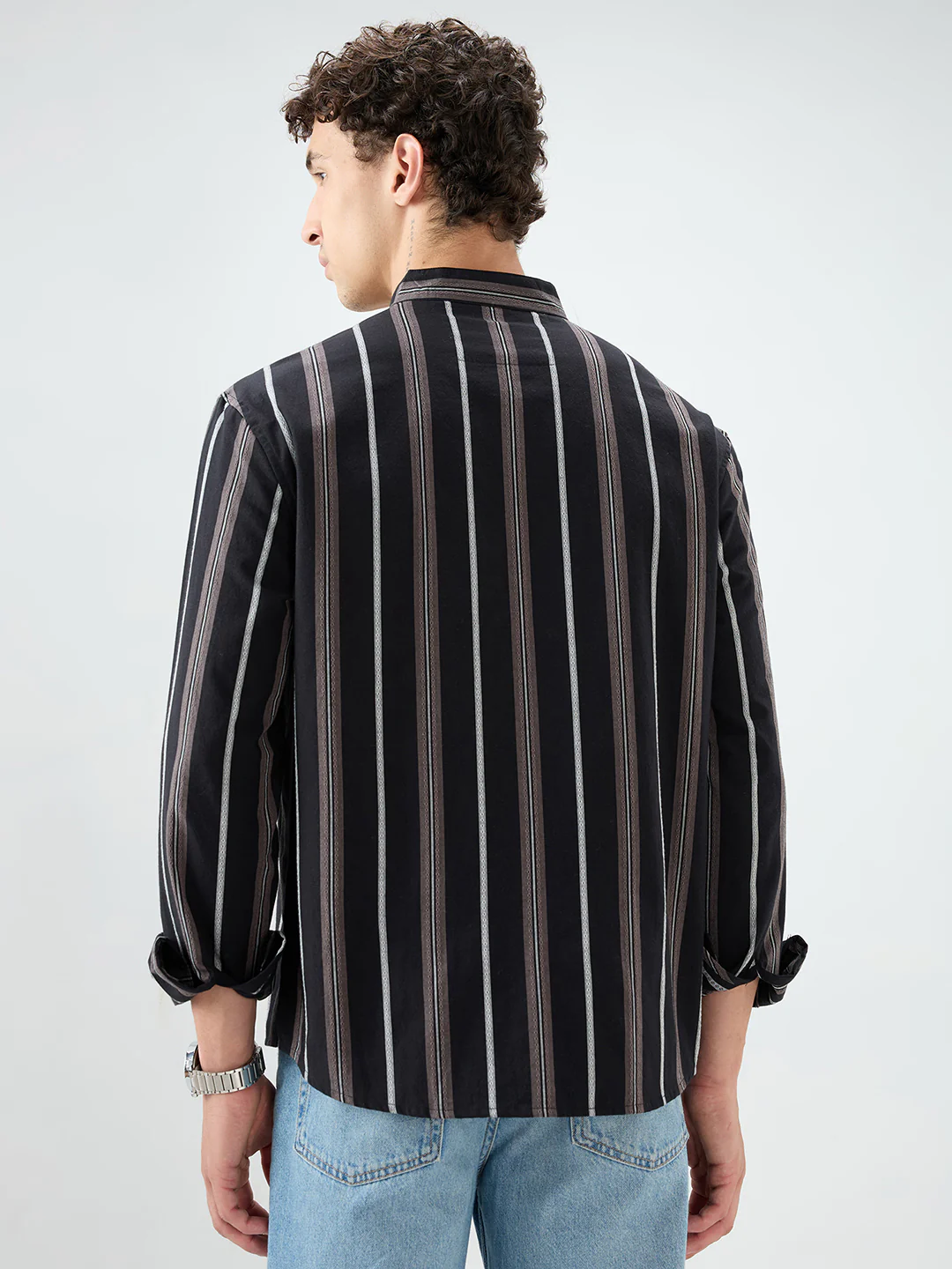 Black & Grey Striped Stand Collar Oversized Shirt - Image 7