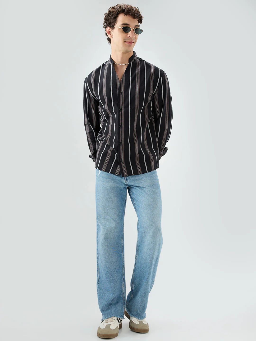 Black & Grey Striped Stand Collar Oversized Shirt - Image 8