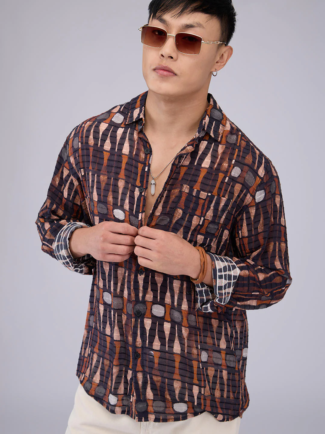 Black Horizontal Dobby Striped Abstract Printed Shirt