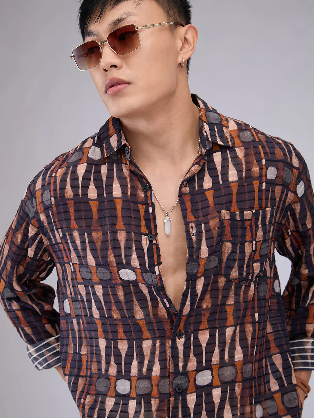 Black Horizontal Dobby Striped Abstract Printed Shirt - Image 2