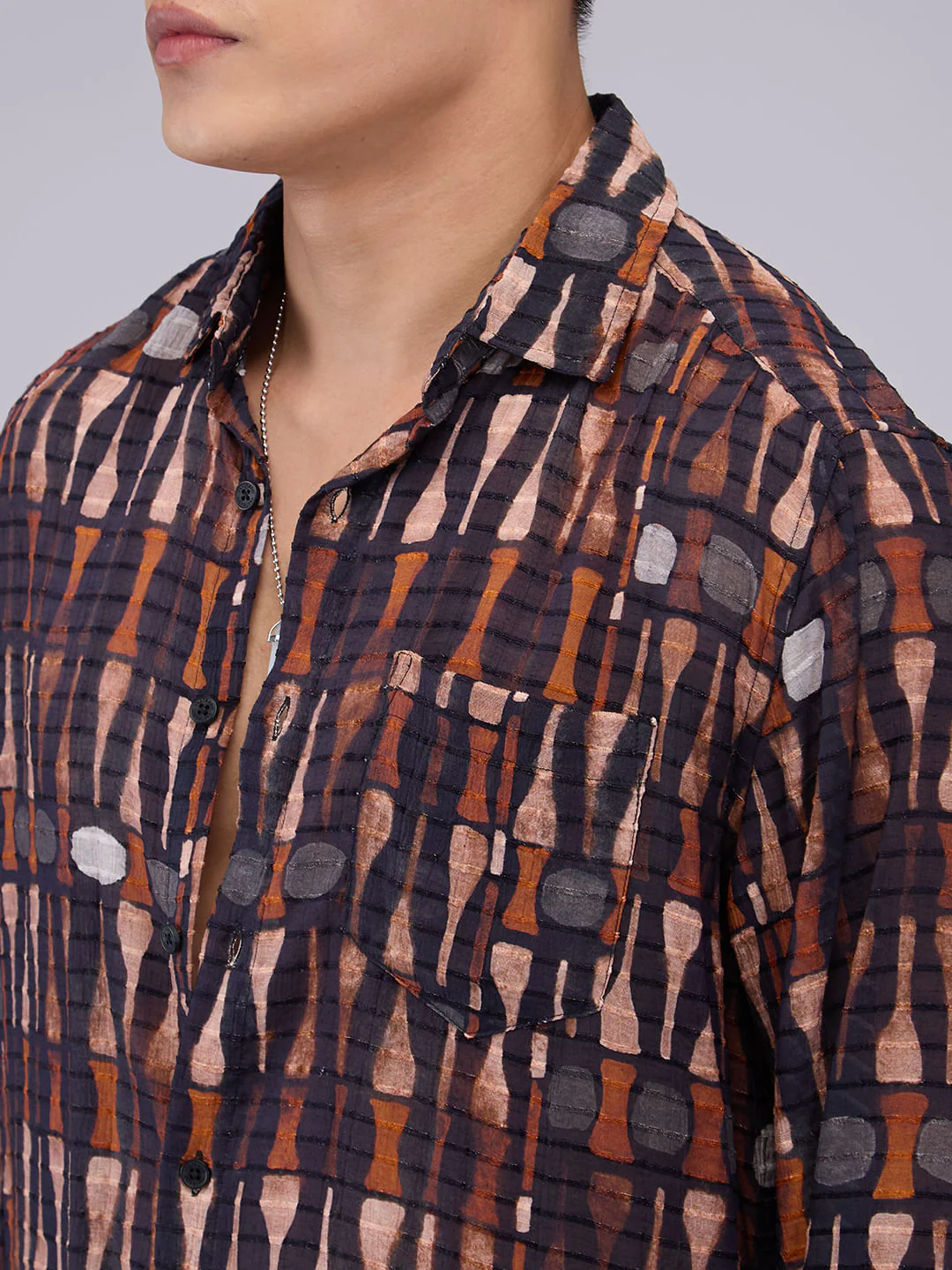 Black Horizontal Dobby Striped Abstract Printed Shirt - Image 3