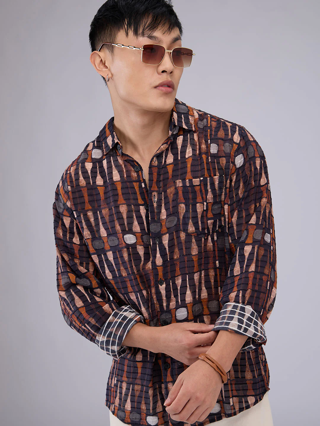 Black Horizontal Dobby Striped Abstract Printed Shirt - Image 4