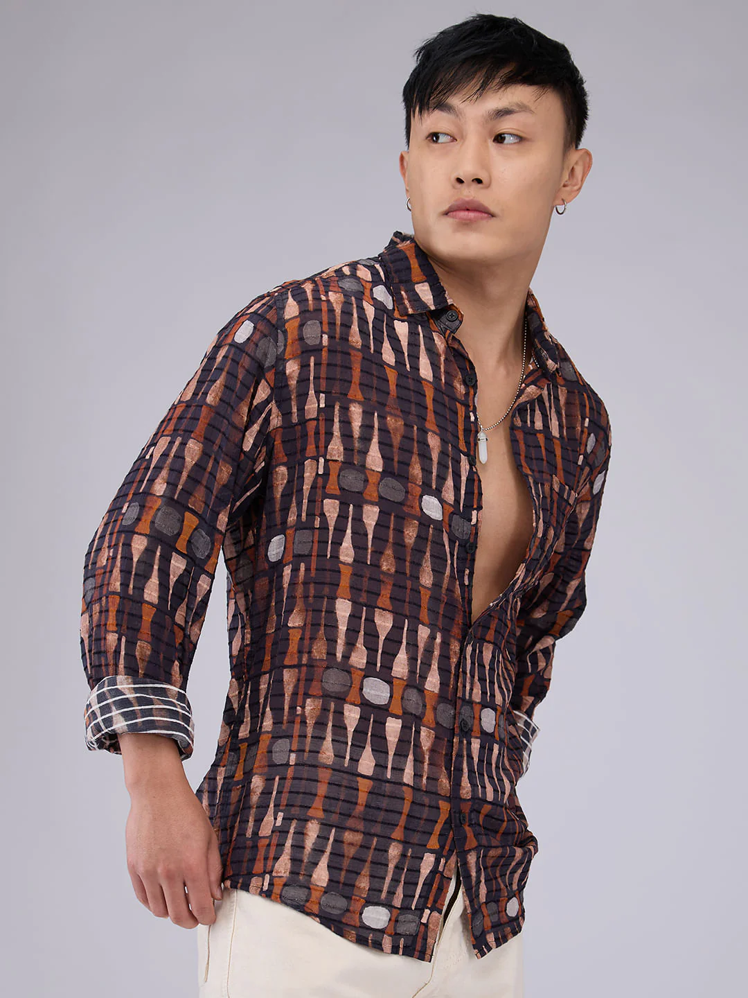Black Horizontal Dobby Striped Abstract Printed Shirt - Image 5