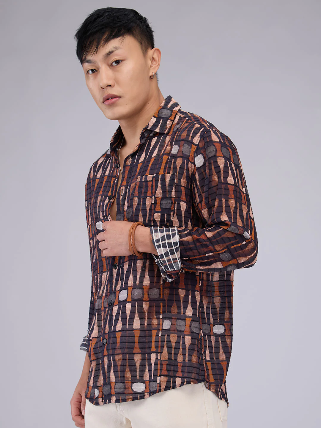 Black Horizontal Dobby Striped Abstract Printed Shirt - Image 6