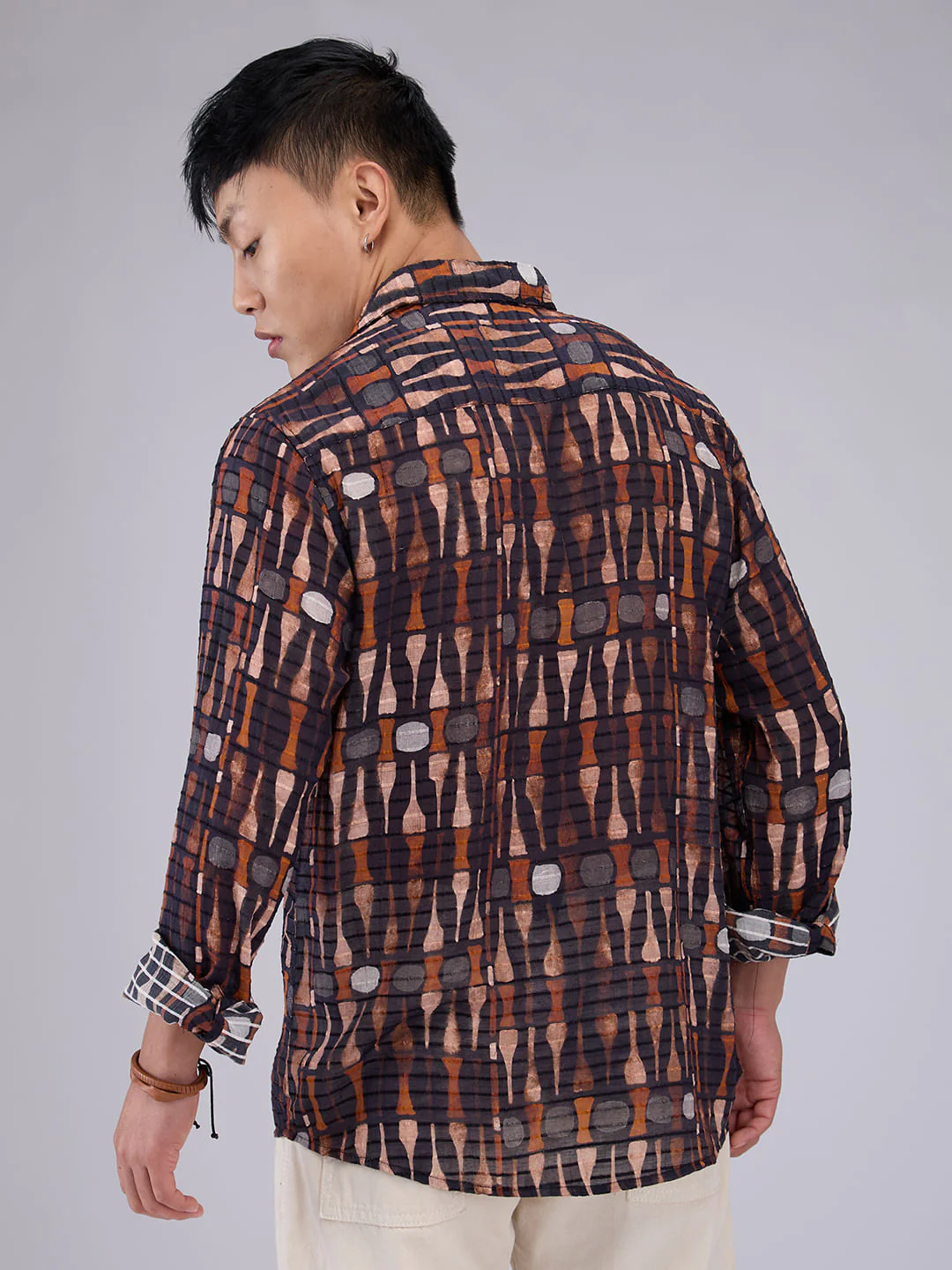 Black Horizontal Dobby Striped Abstract Printed Shirt - Image 7