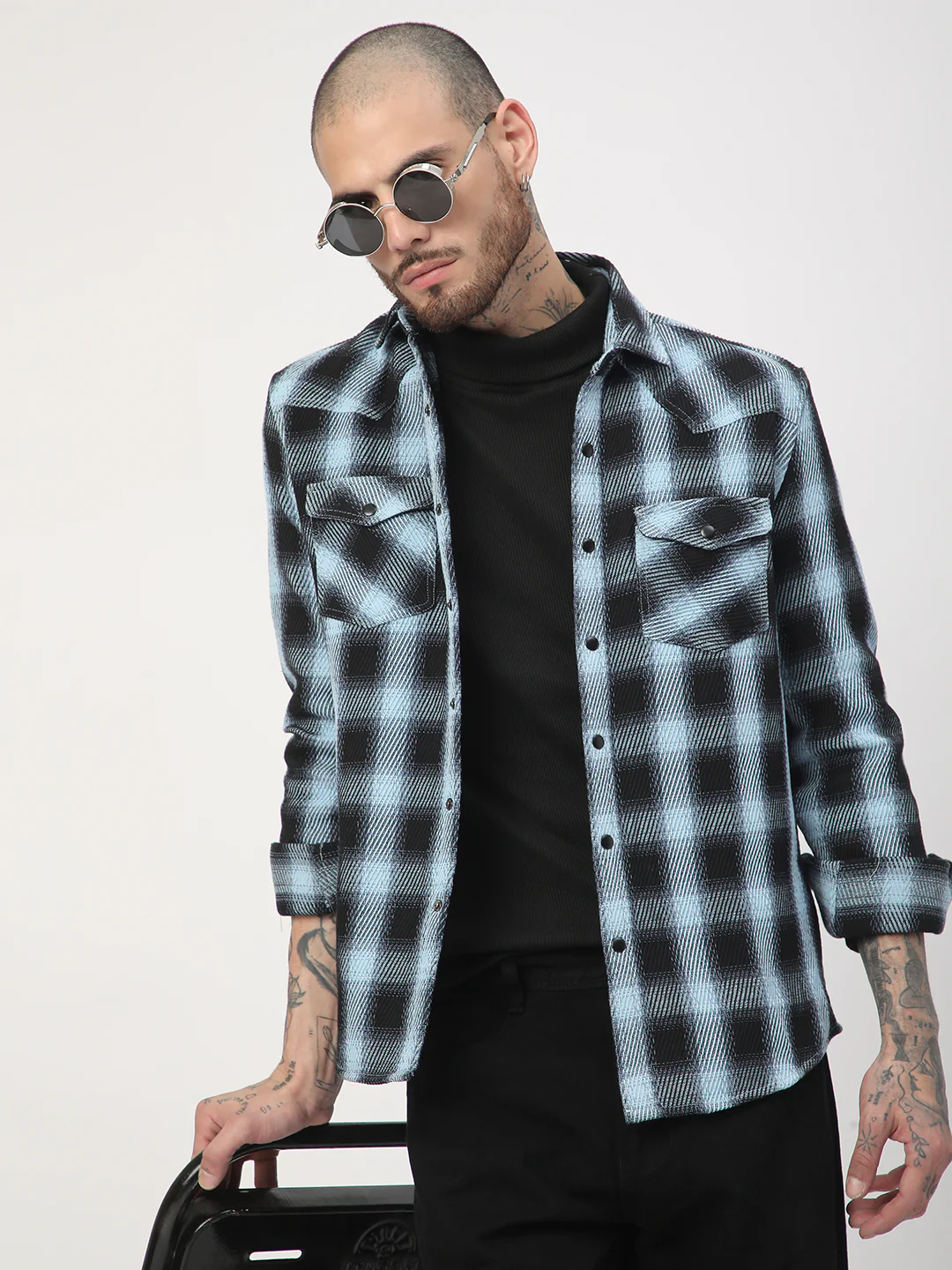 Black & Ice Blue Heavy Twill Checks Double Pocket Shirt - Image 2