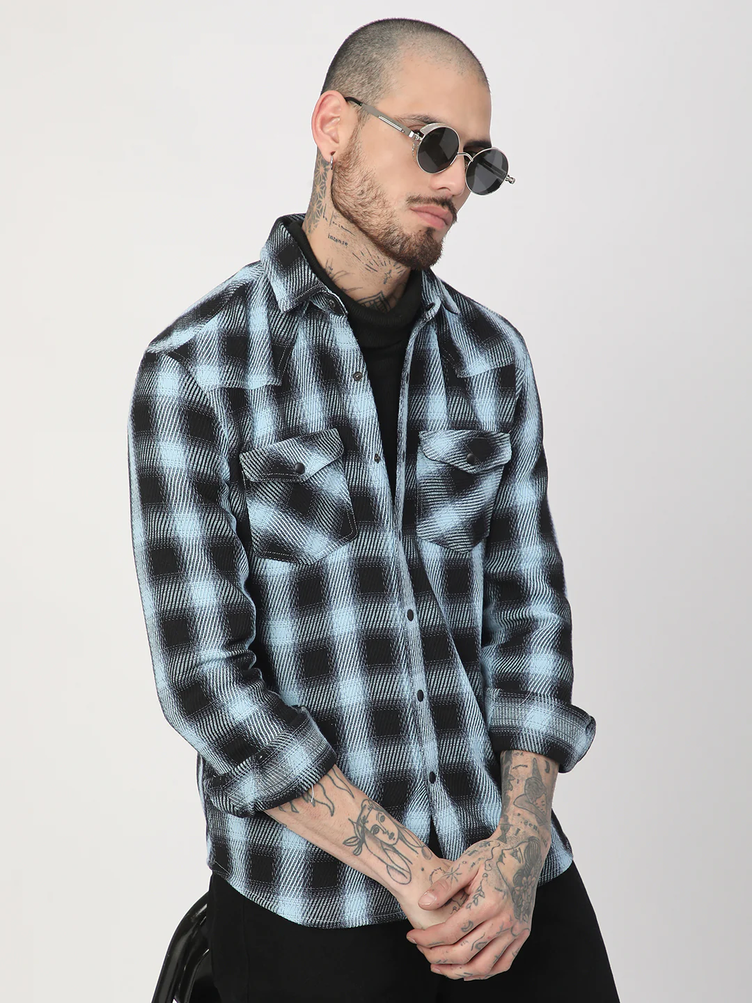 Black & Ice Blue Heavy Twill Checks Double Pocket Shirt - Image 4