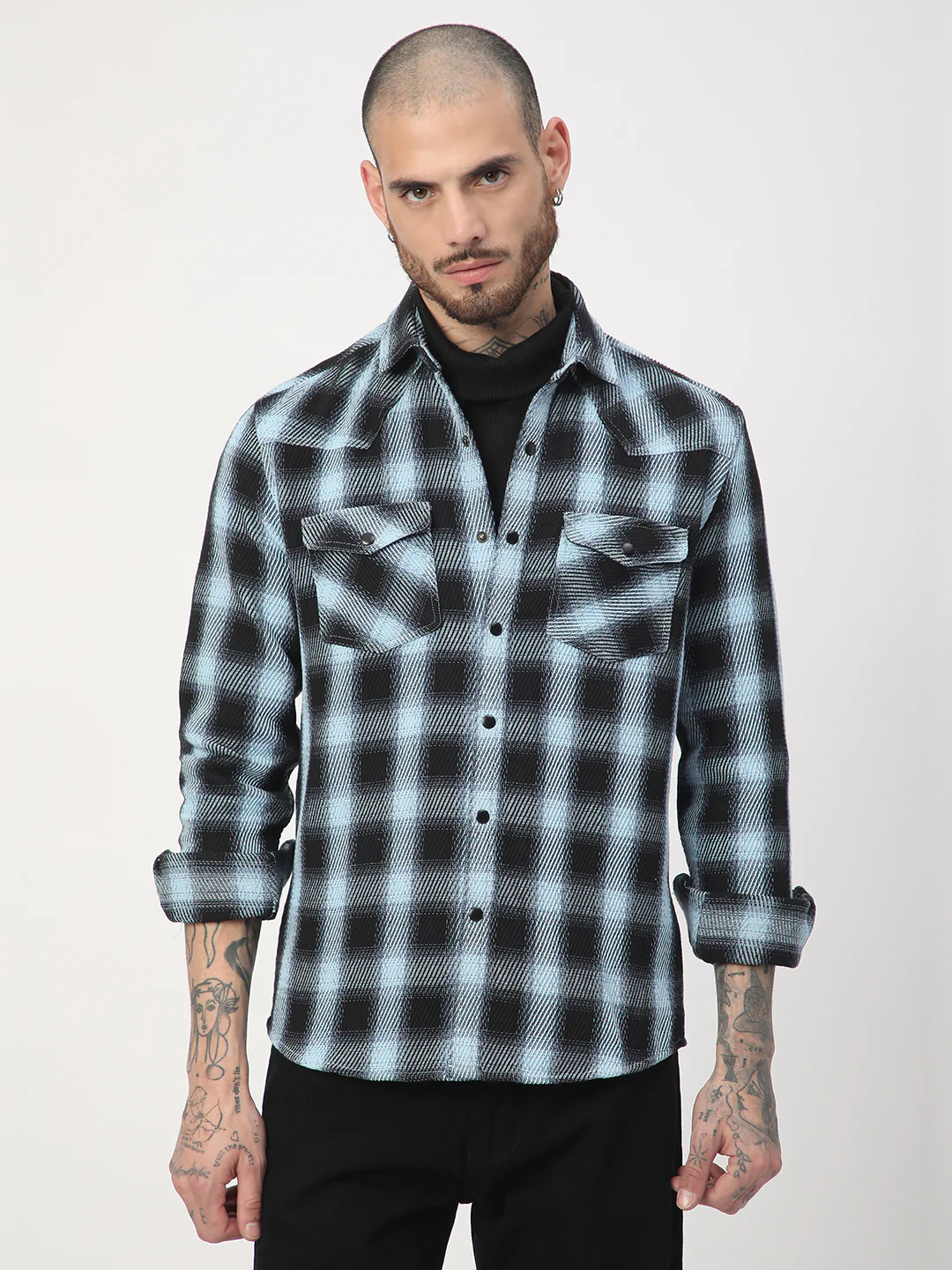 Black & Ice Blue Heavy Twill Checks Double Pocket Shirt - Image 5