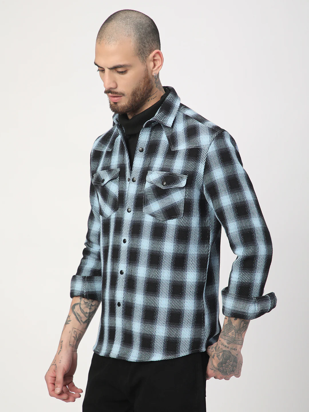 Black & Ice Blue Heavy Twill Checks Double Pocket Shirt - Image 6