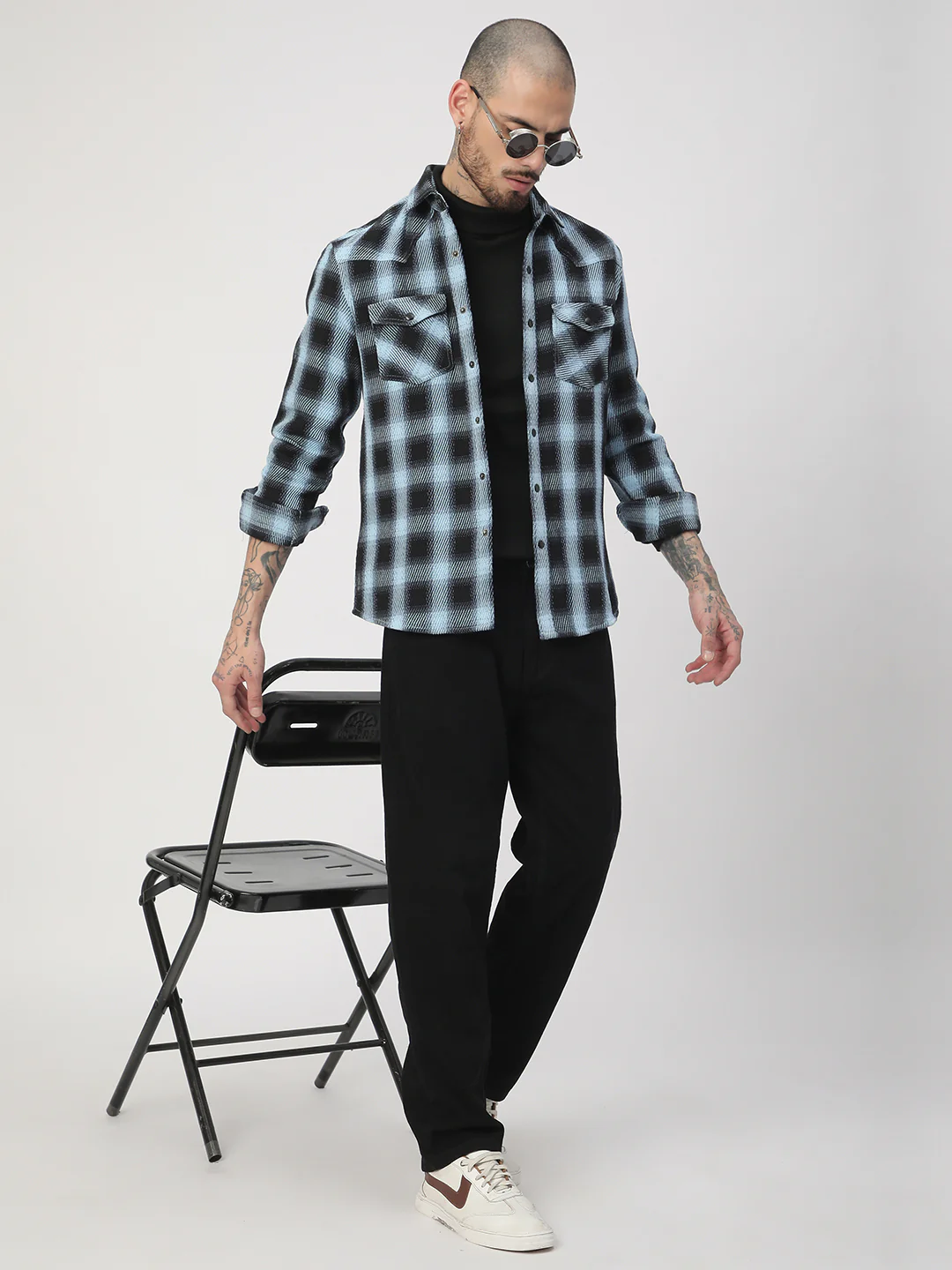 Black & Ice Blue Heavy Twill Checks Double Pocket Shirt - Image 8