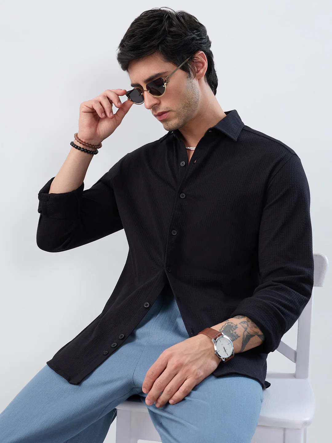 Black Jacquard Knit Everyday Shirt - Image 2