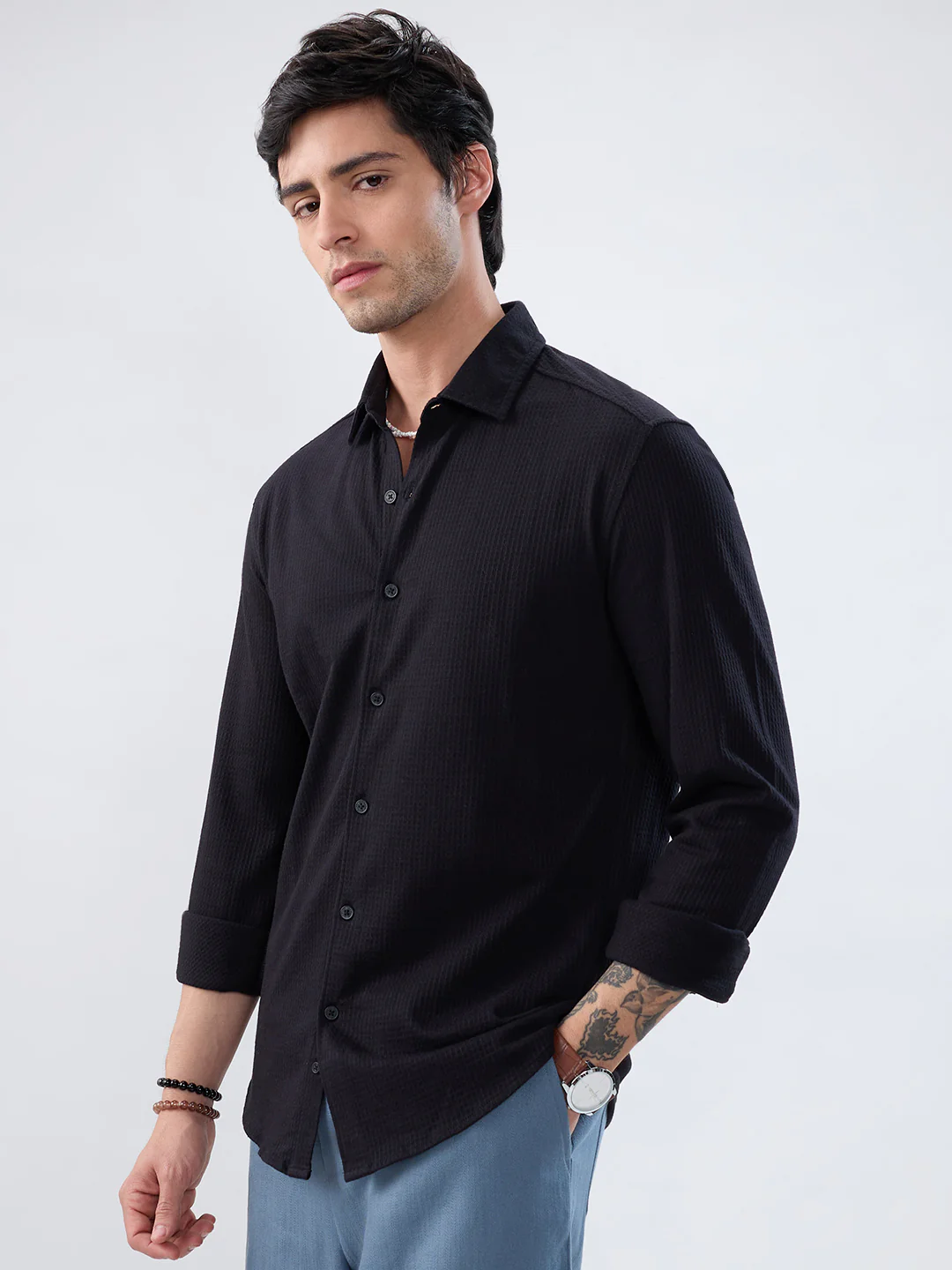 Black Jacquard Knit Everyday Shirt - Image 5