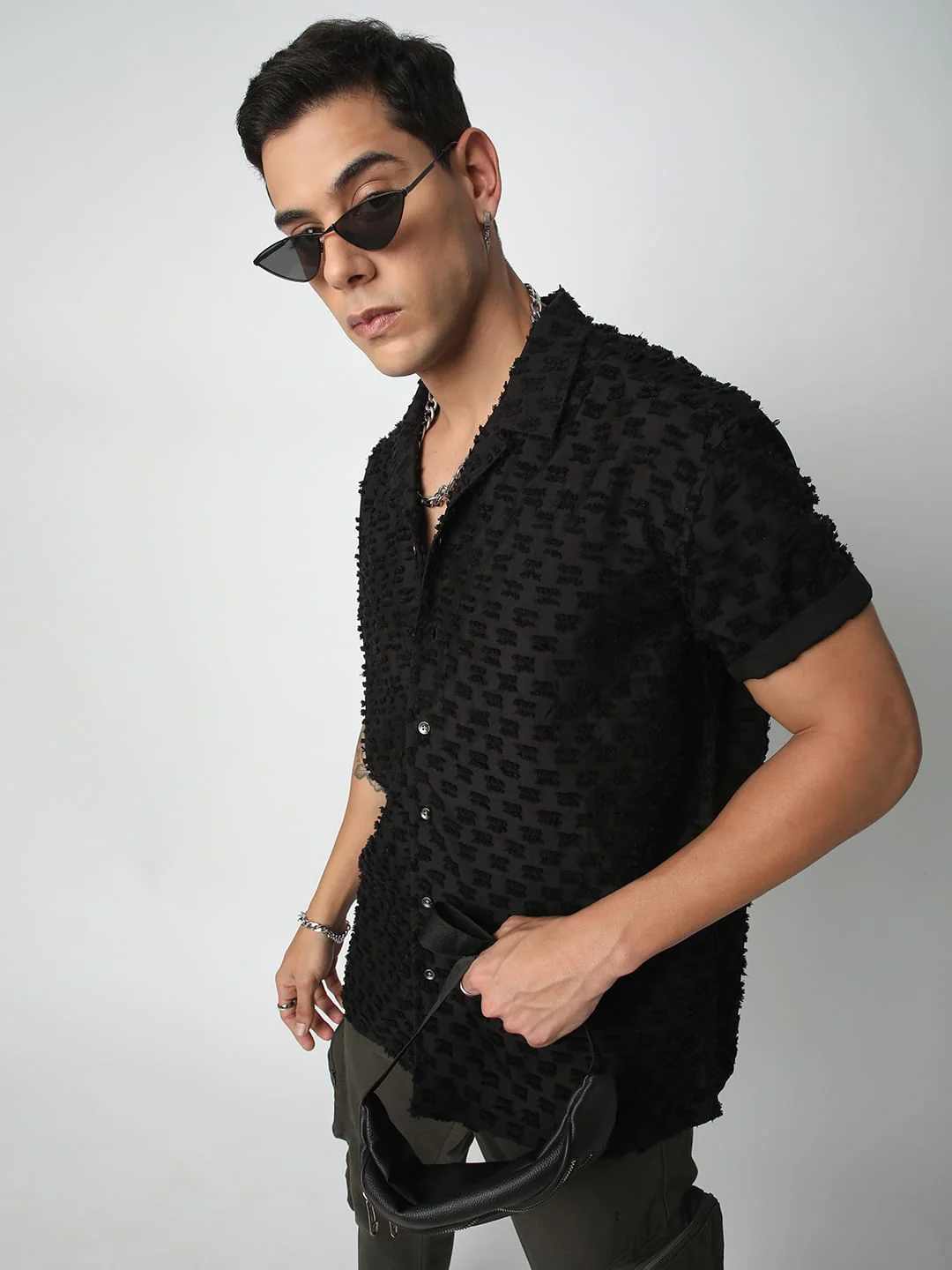 Black Jacquard Tufts Notch Collar Oversized Shirt - Image 2