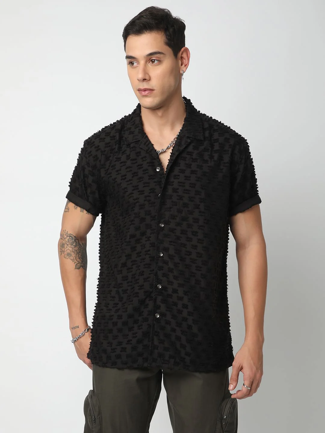 Black Jacquard Tufts Notch Collar Oversized Shirt - Image 4
