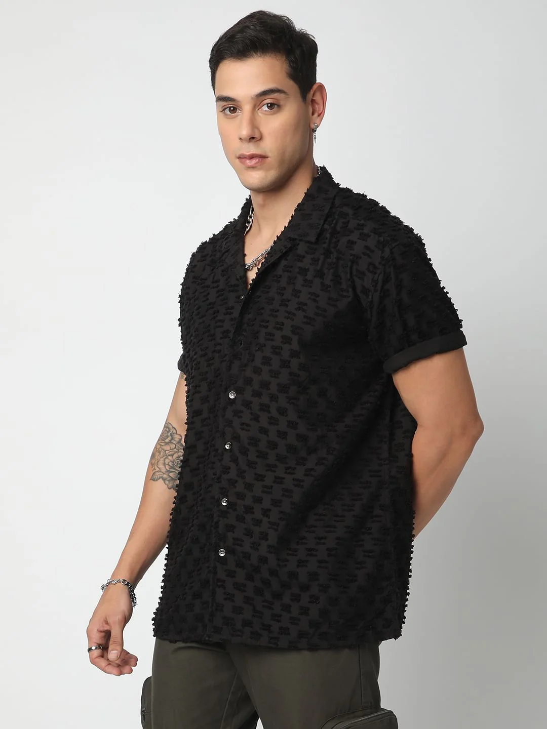 Black Jacquard Tufts Notch Collar Oversized Shirt - Image 5