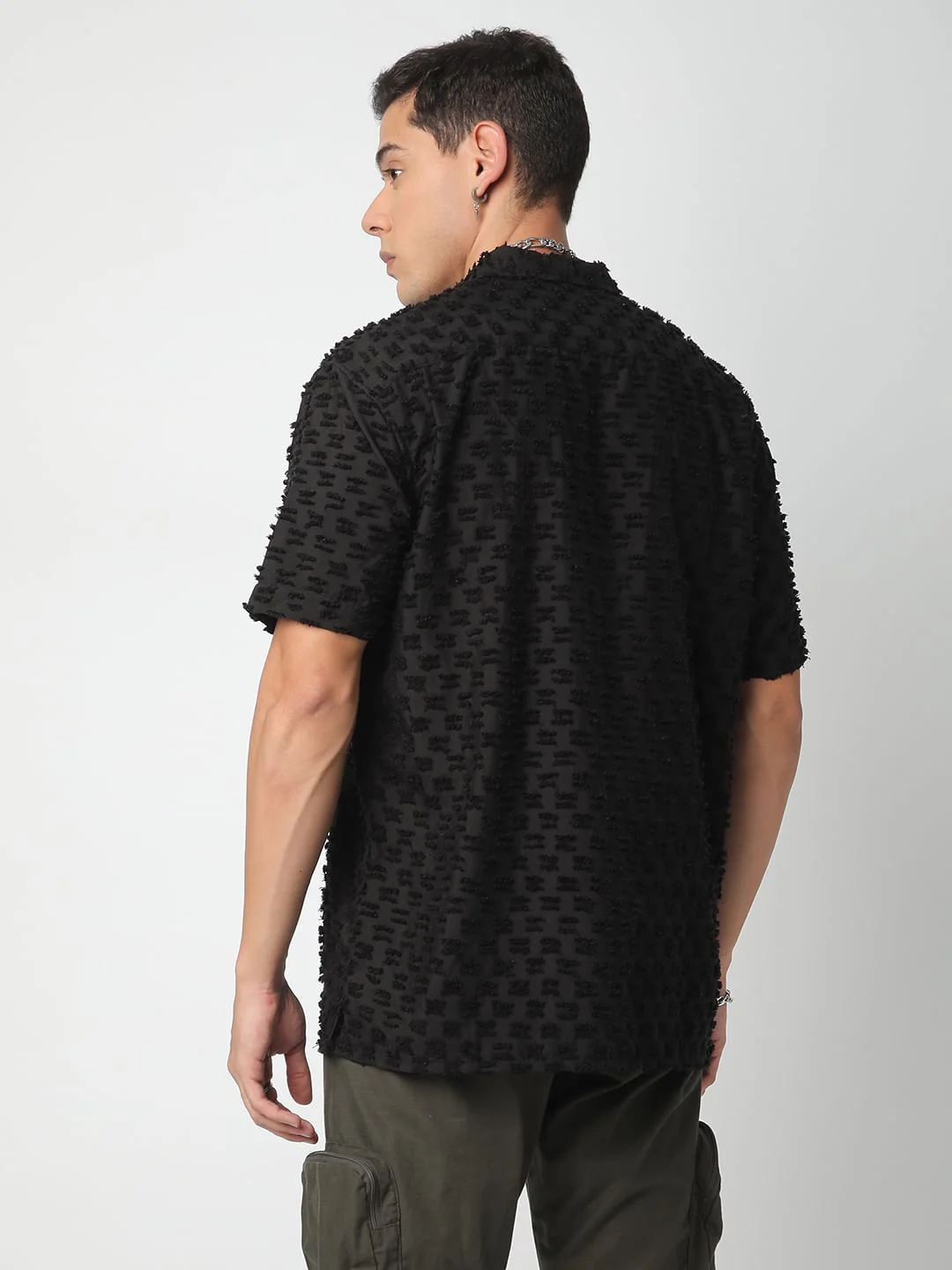 Black Jacquard Tufts Notch Collar Oversized Shirt - Image 6