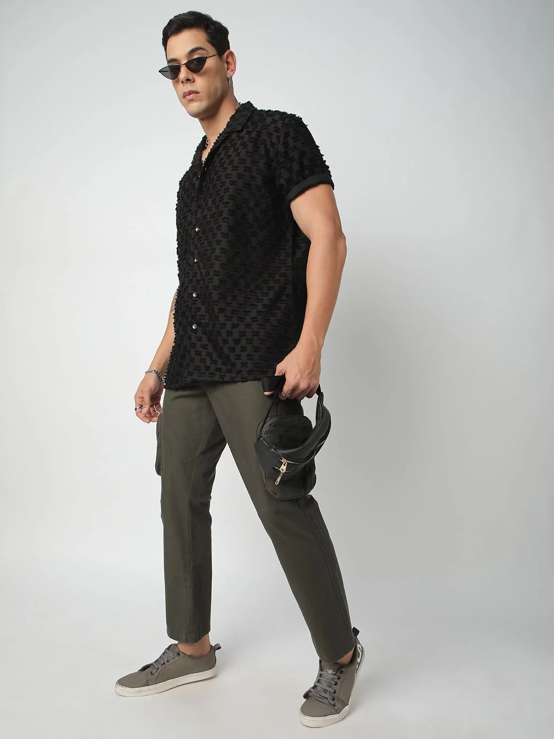 Black Jacquard Tufts Notch Collar Oversized Shirt - Image 7