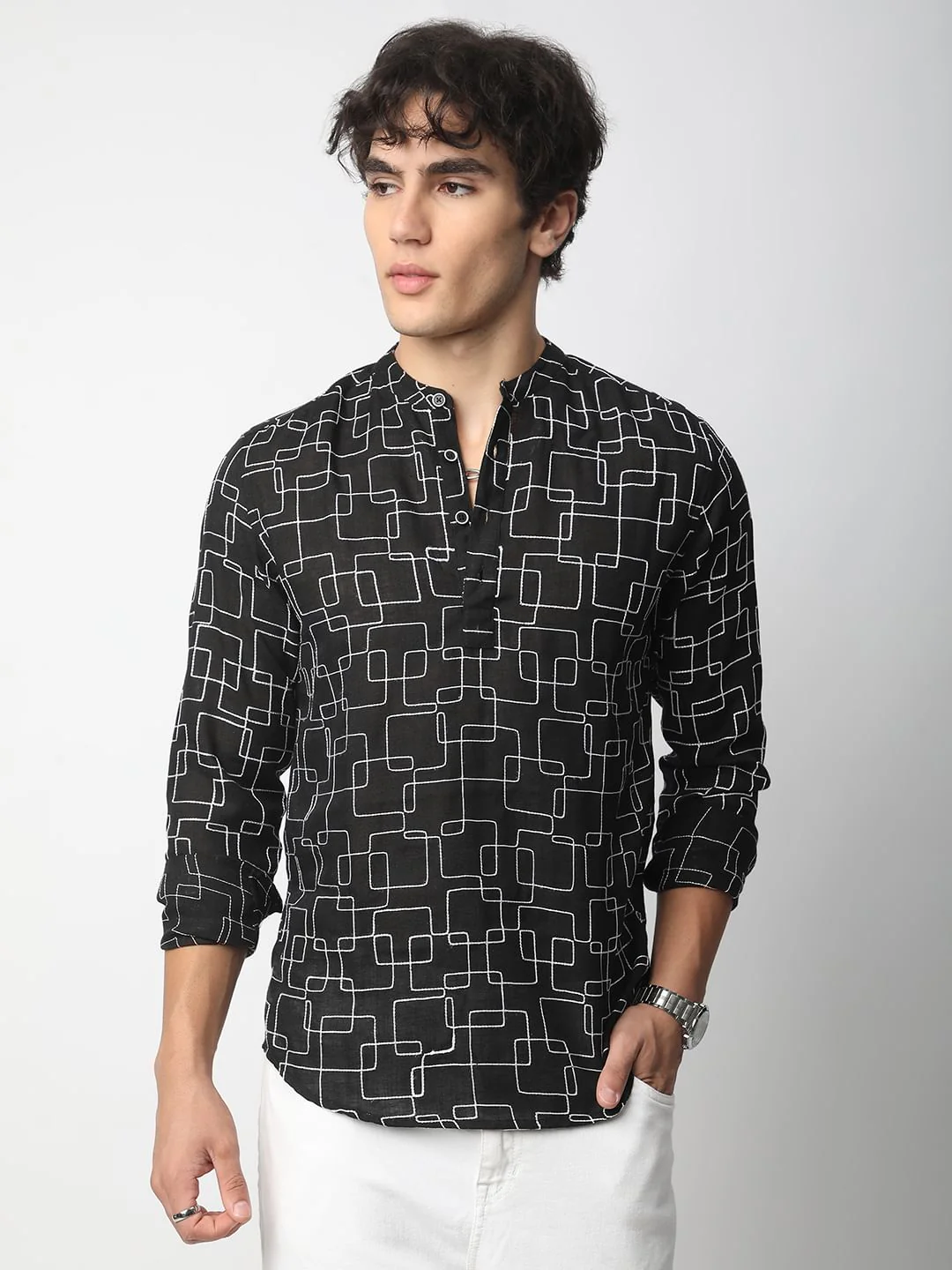 Black Maze Contrast Embroidered Kurta - Image 4