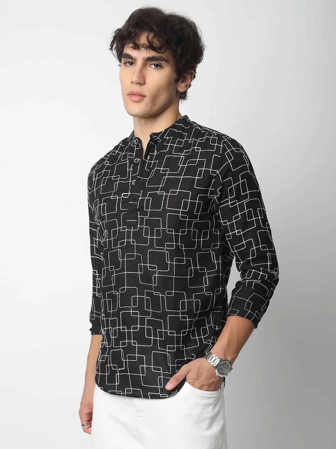 Black Maze Contrast Embroidered Kurta - Image 5