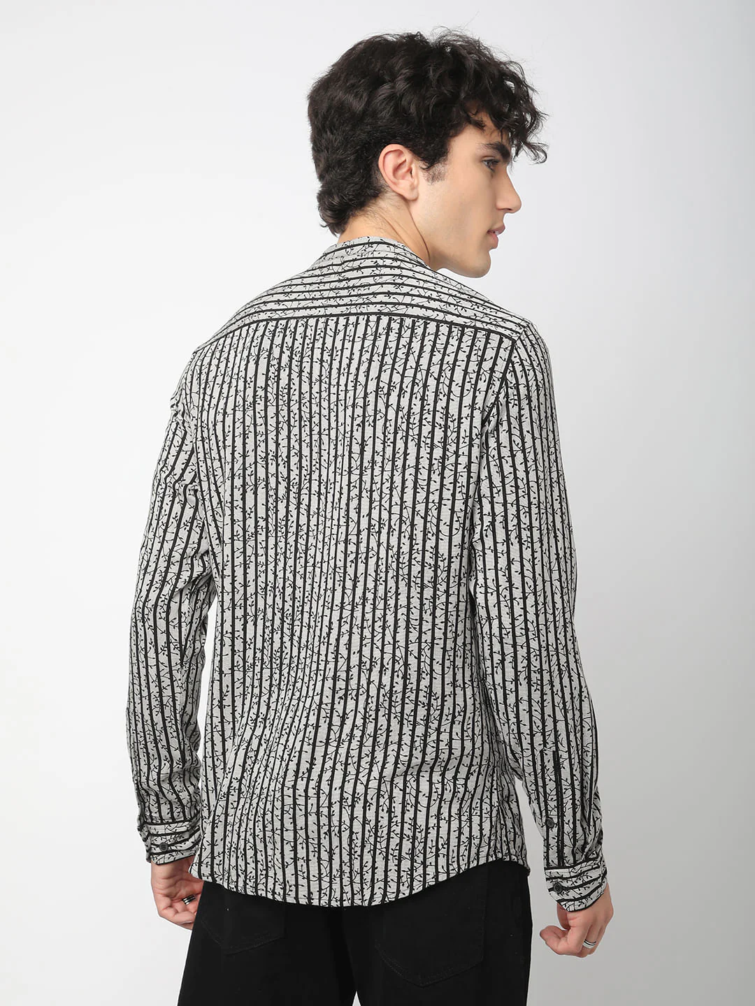 Black Mini Leaf Carved Striped Kurta - Image 6