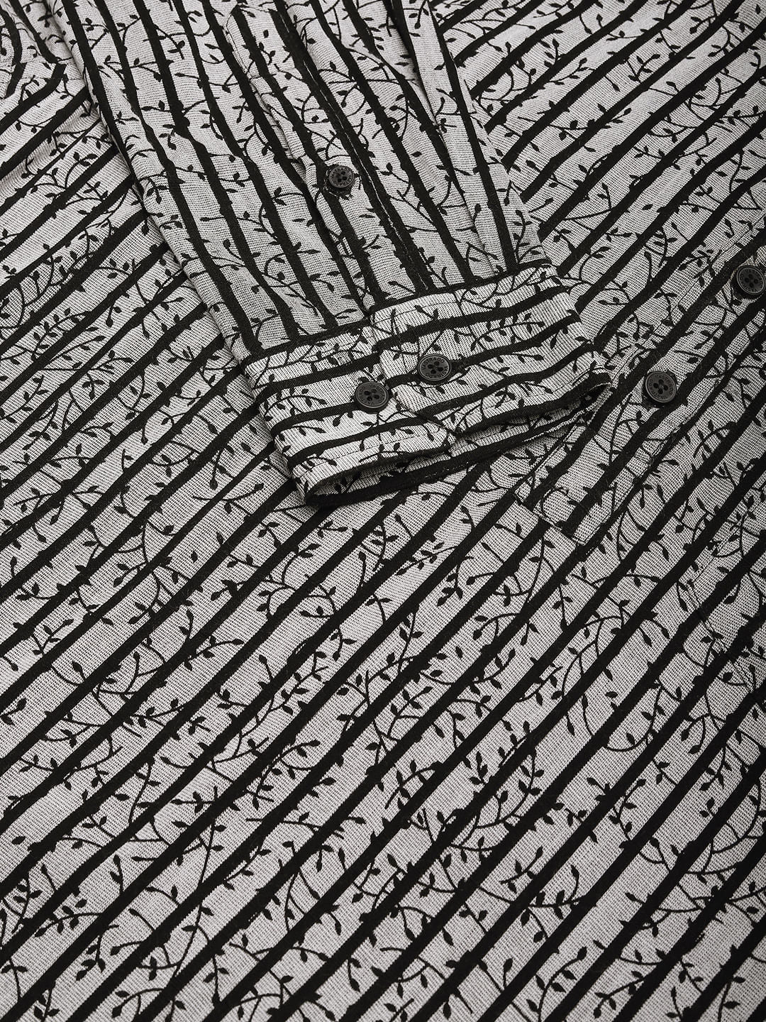 Black Mini Leaf Carved Striped Kurta - Image 8