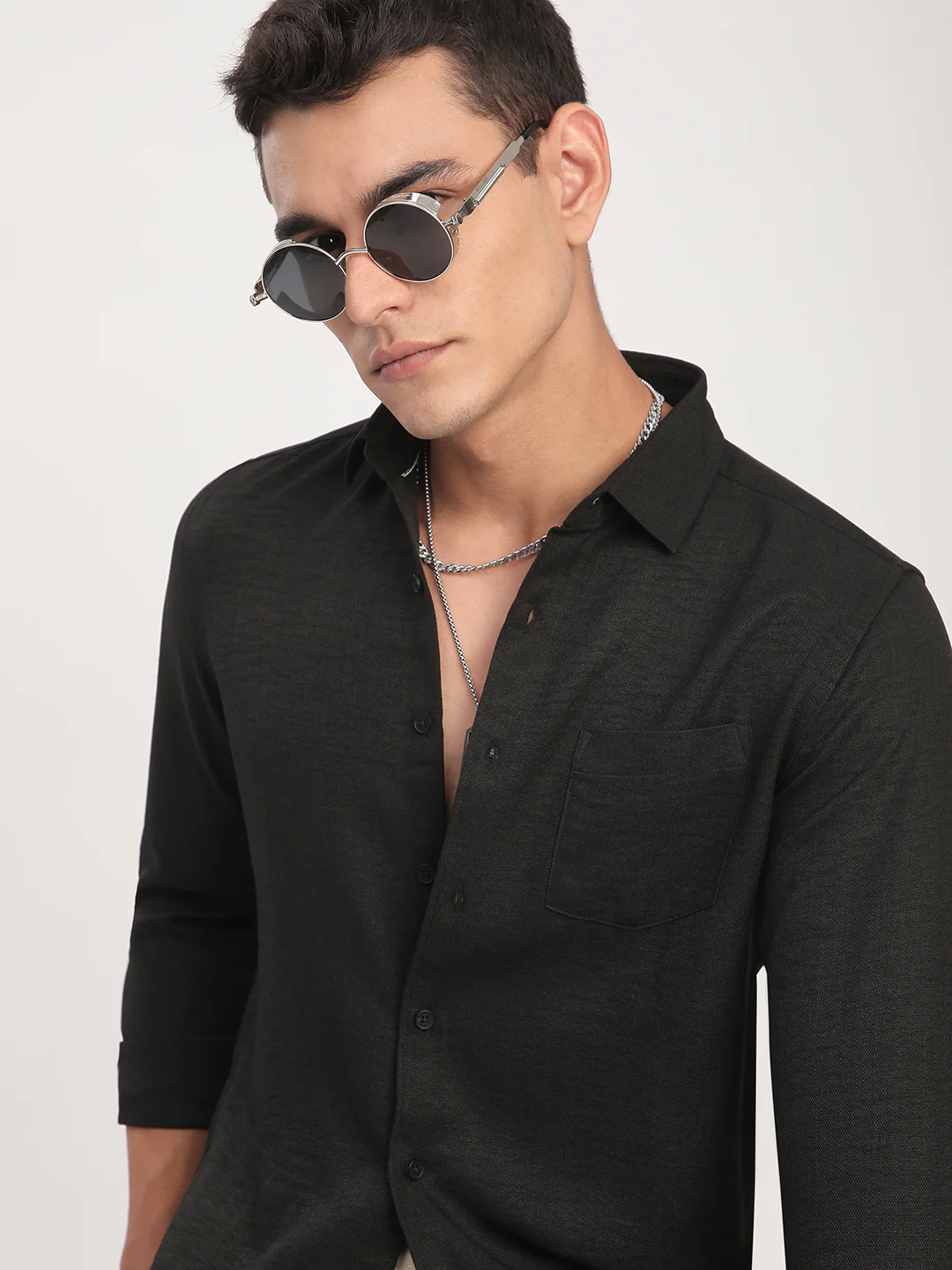 Black Minimalist Solid Crinkled Shirt - Image 2